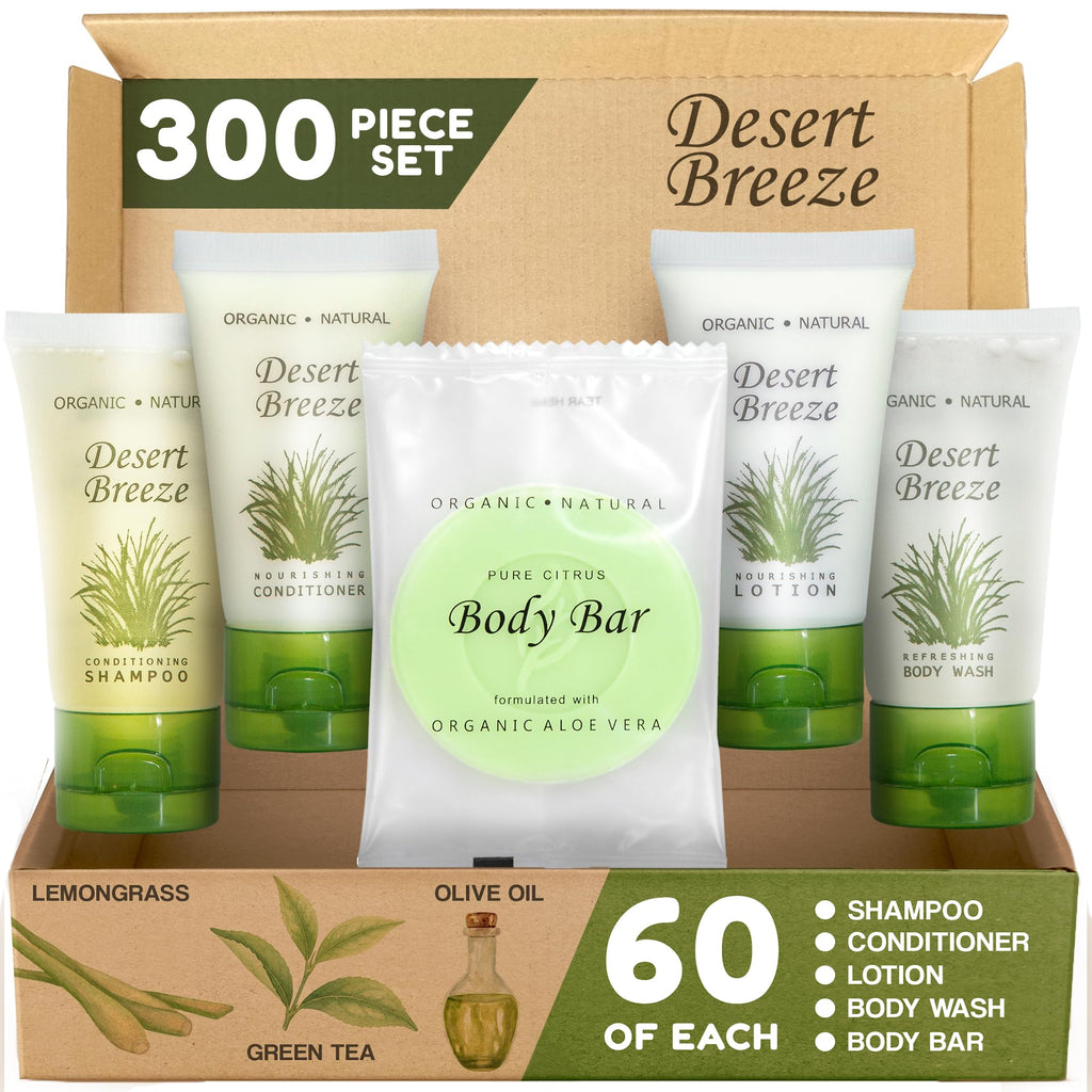 1-Shoppe All-in-Kit Travel Size Hotel Toiletry Set — 300 Count, Paraben Free, Green Tea Lemongrass, Aloe & Olive Oil
