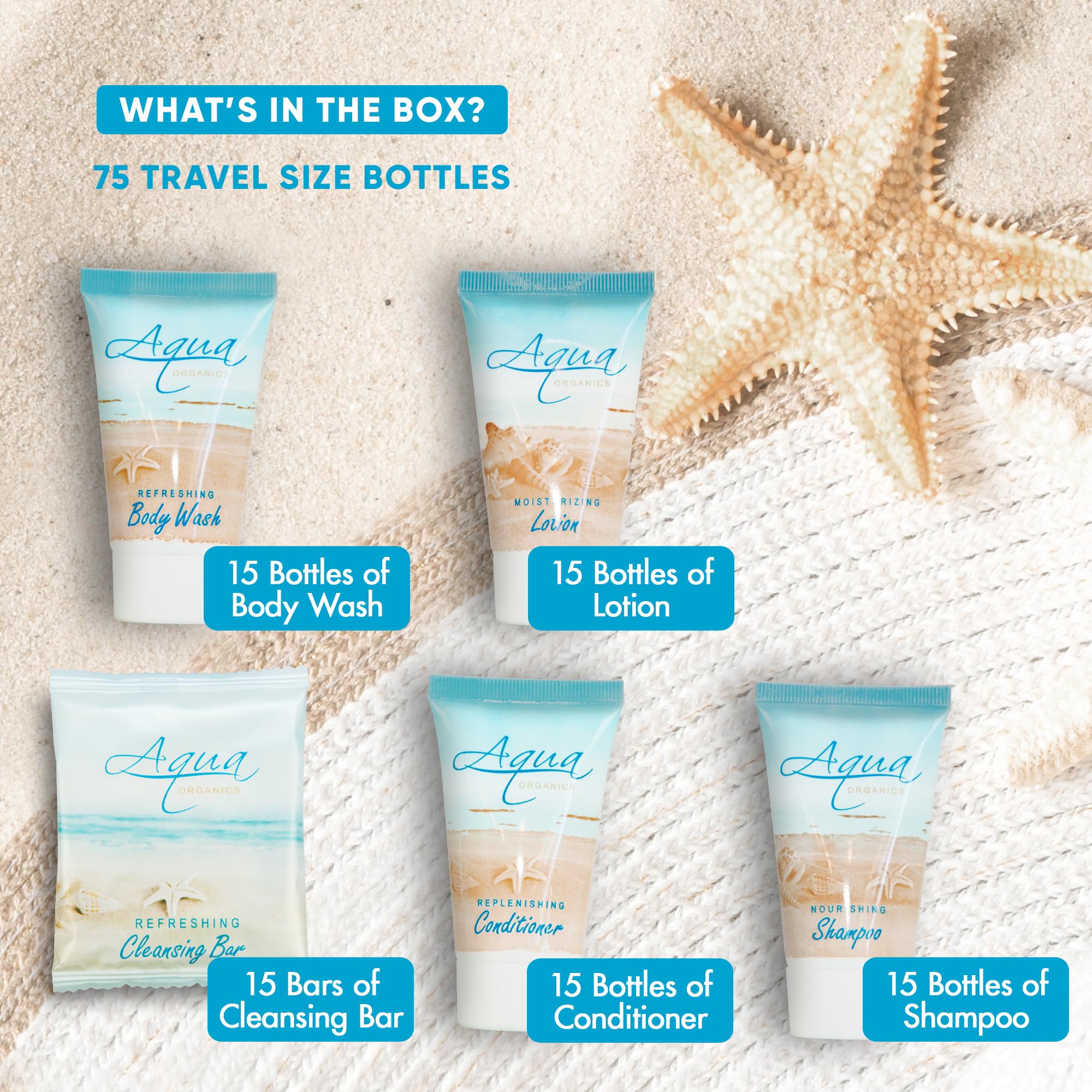 Aqua Organics Hotel Soaps & Toiletries Bulk Set | 1-Shoppe All-in-Kit | Travel-Size 75 Pieces