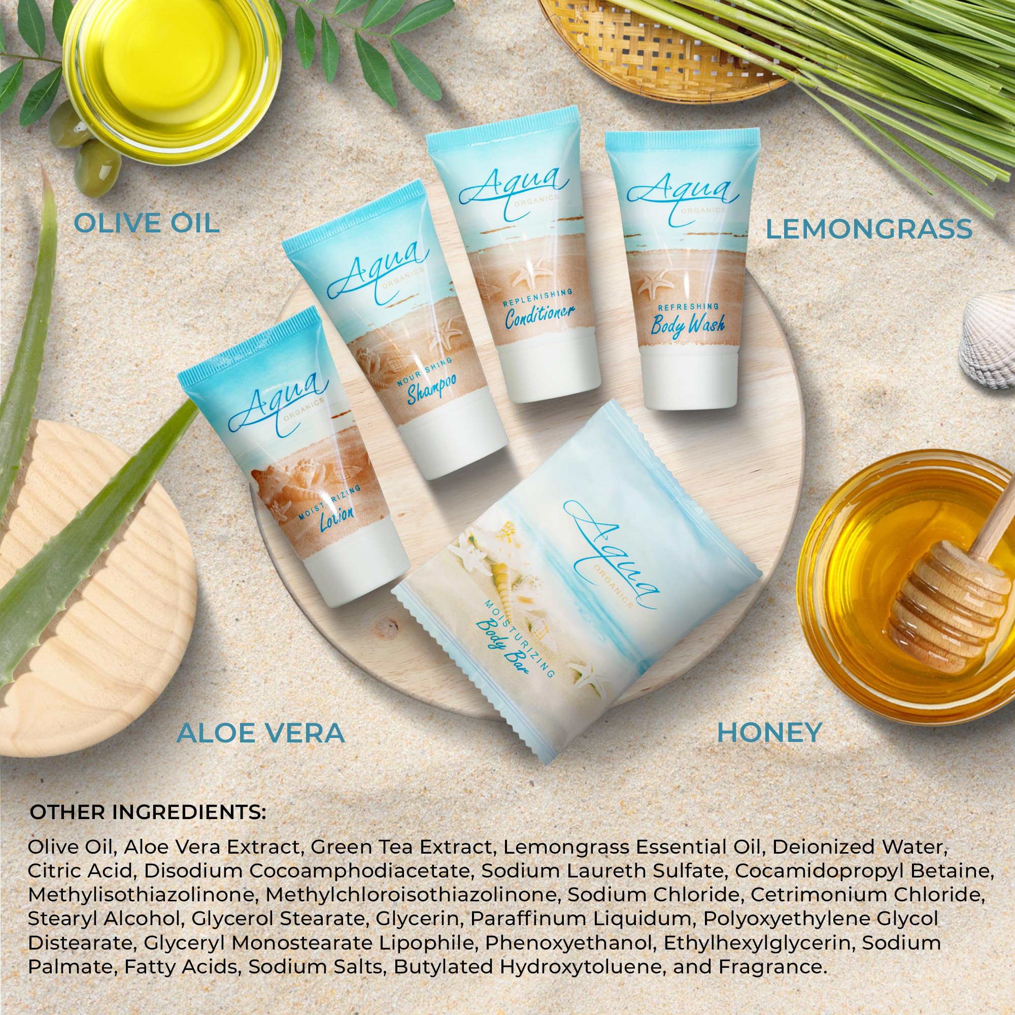 Aqua Organics Hotel Soaps & Toiletries Bulk Set | 1-Shoppe All-in-Kit | Travel-Size 75 Pieces