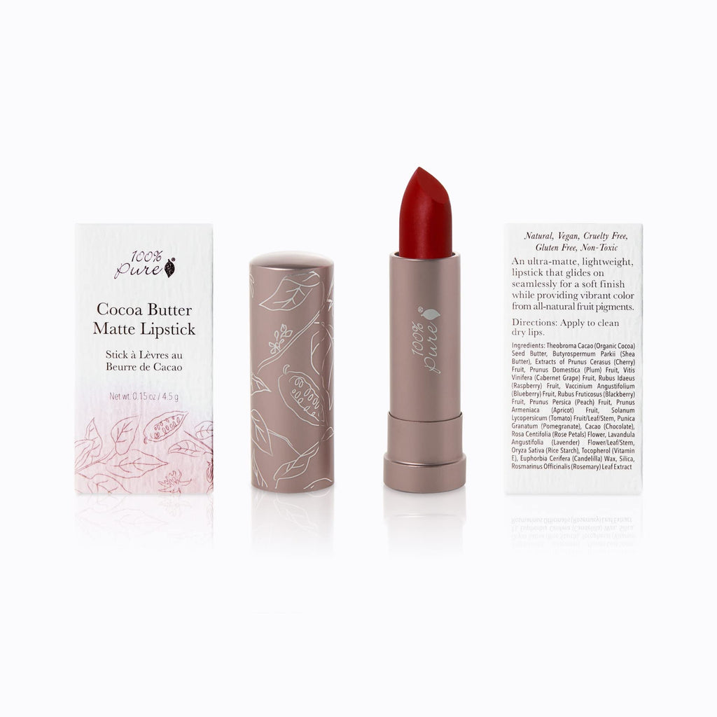 100% PURE Cocoa Butter Matte Lipstick – Blood Orange (Classic Brick Red) 0.15 oz