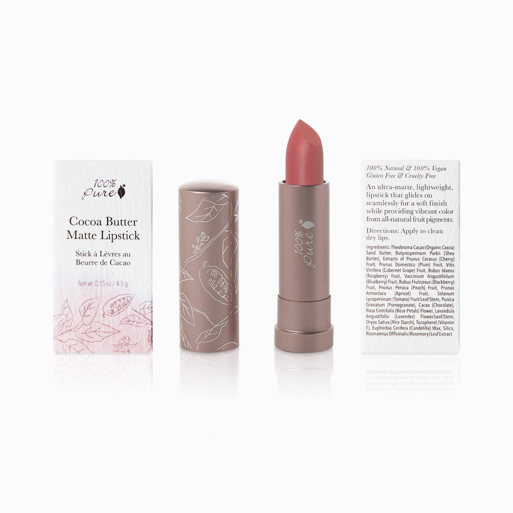 100% PURE Cocoa Butter Matte Lipstick – Pink Canyon (Dusty Pink) | All-Day Hydration, Vegan Fruit-Pigmented Color