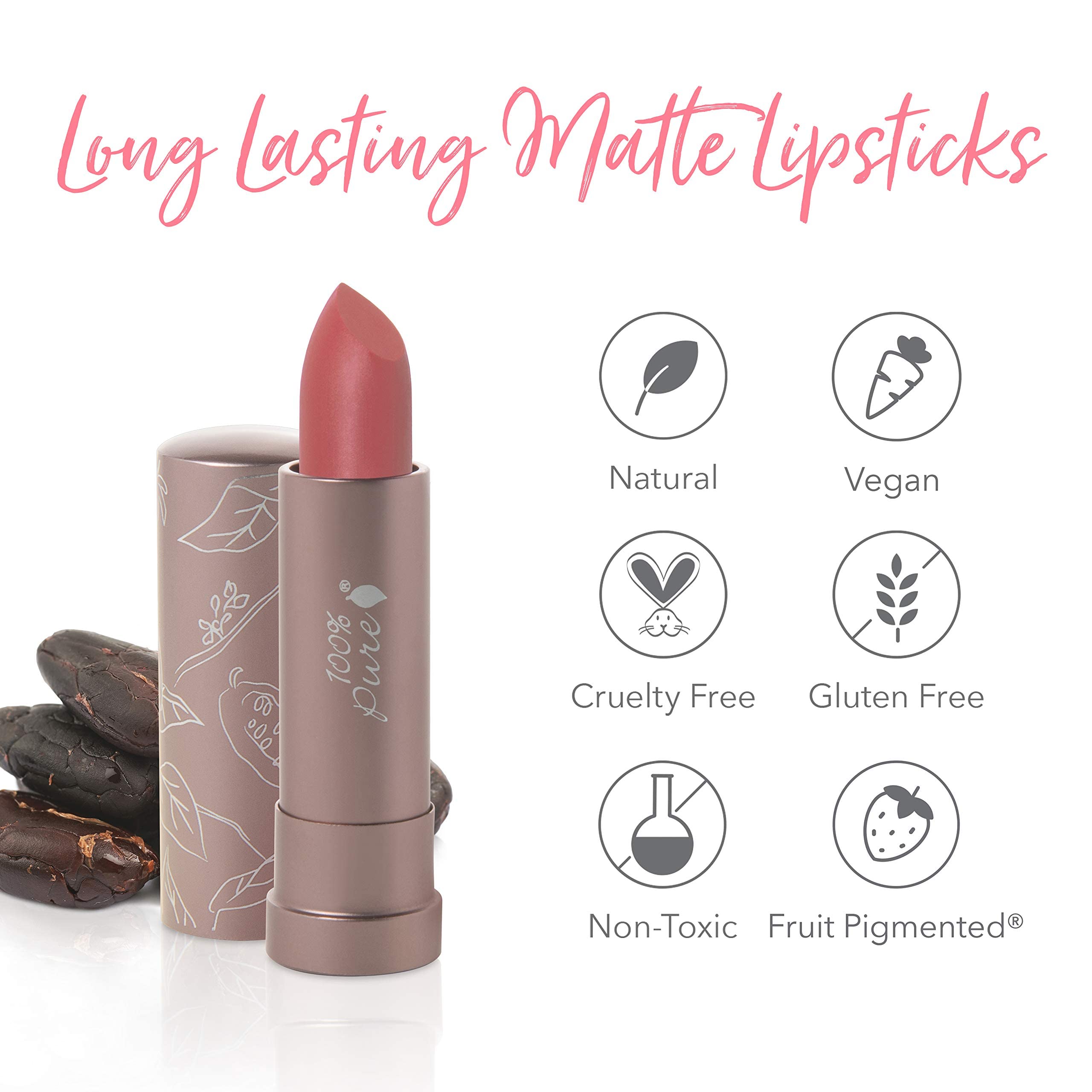 100% PURE Cocoa Butter Matte Lipstick – Pink Canyon (Dusty Pink) | All-Day Hydration, Vegan Fruit-Pigmented Color