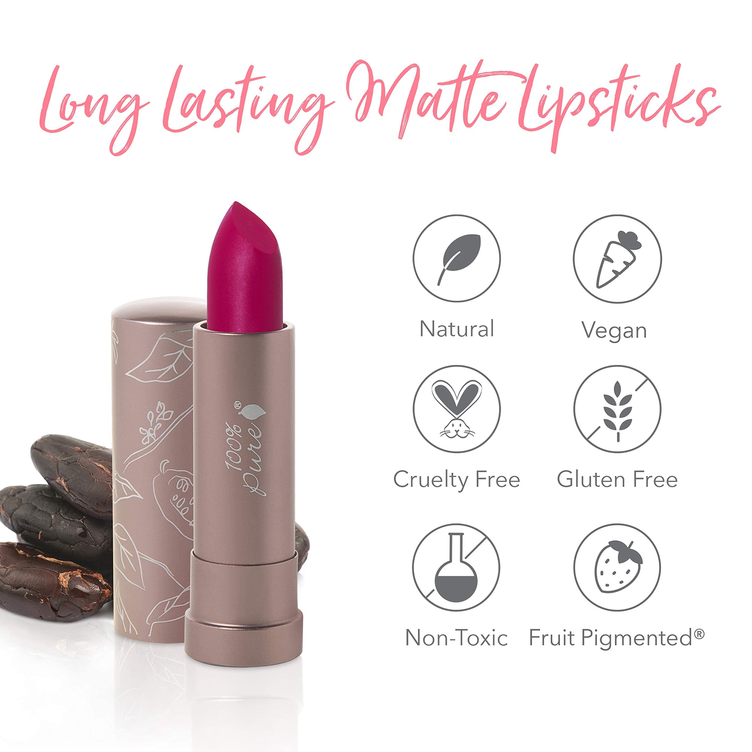 100% PURE Cocoa Butter Matte Lipstick – Marrakesh (Vibrant Fuchsia), 0.15 oz