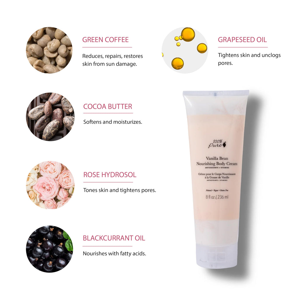 100% PURE Nourishing Body Cream Vanilla Bean – Luxurious Hydration for All Skin Types (8 oz)