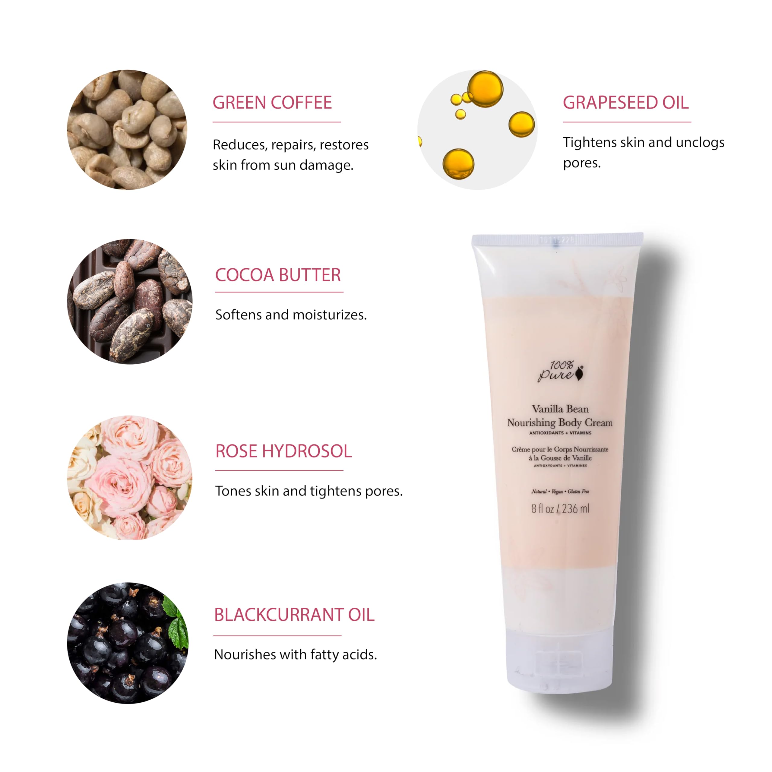 100% PURE Nourishing Body Cream Vanilla Bean – Luxurious Hydration for All Skin Types (8 oz)