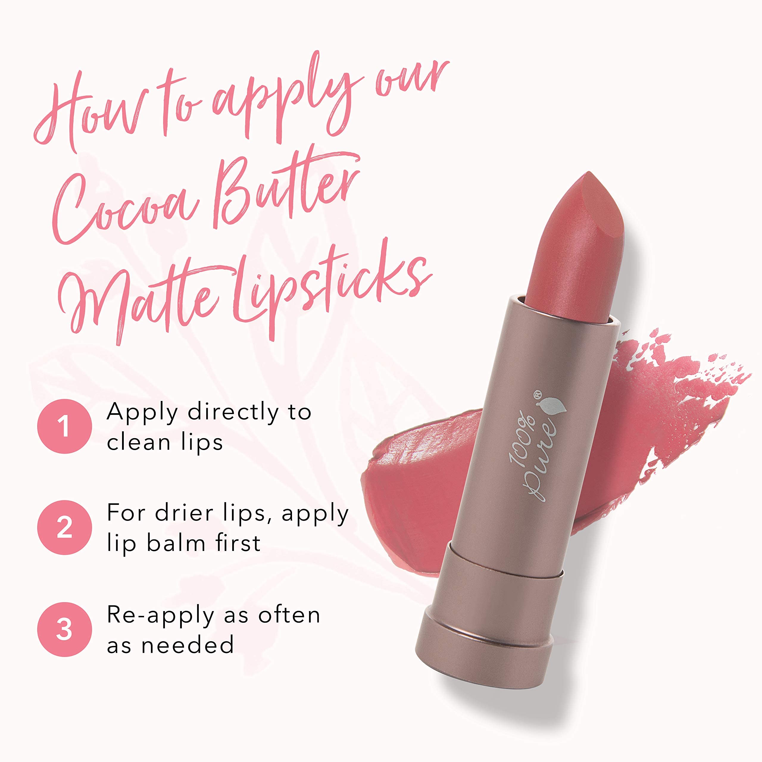 100% PURE Cocoa Butter Matte Lipstick – Pink Canyon (Dusty Pink) | All-Day Hydration, Vegan Fruit-Pigmented Color