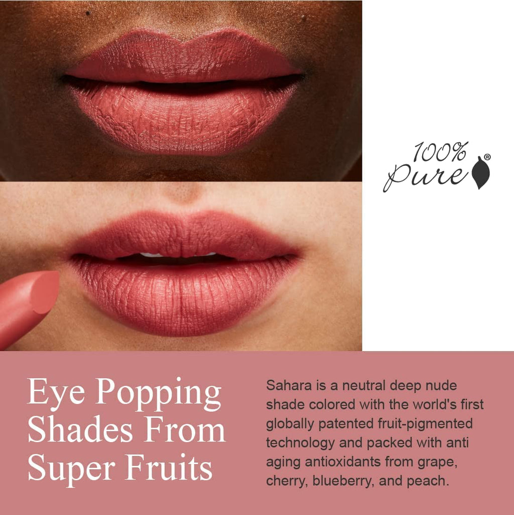 100% PURE Cocoa Butter Matte Lipstick Sahara – Deep Neutral Nude, Vegan Fruit Pigmented, All-Day Moisture
