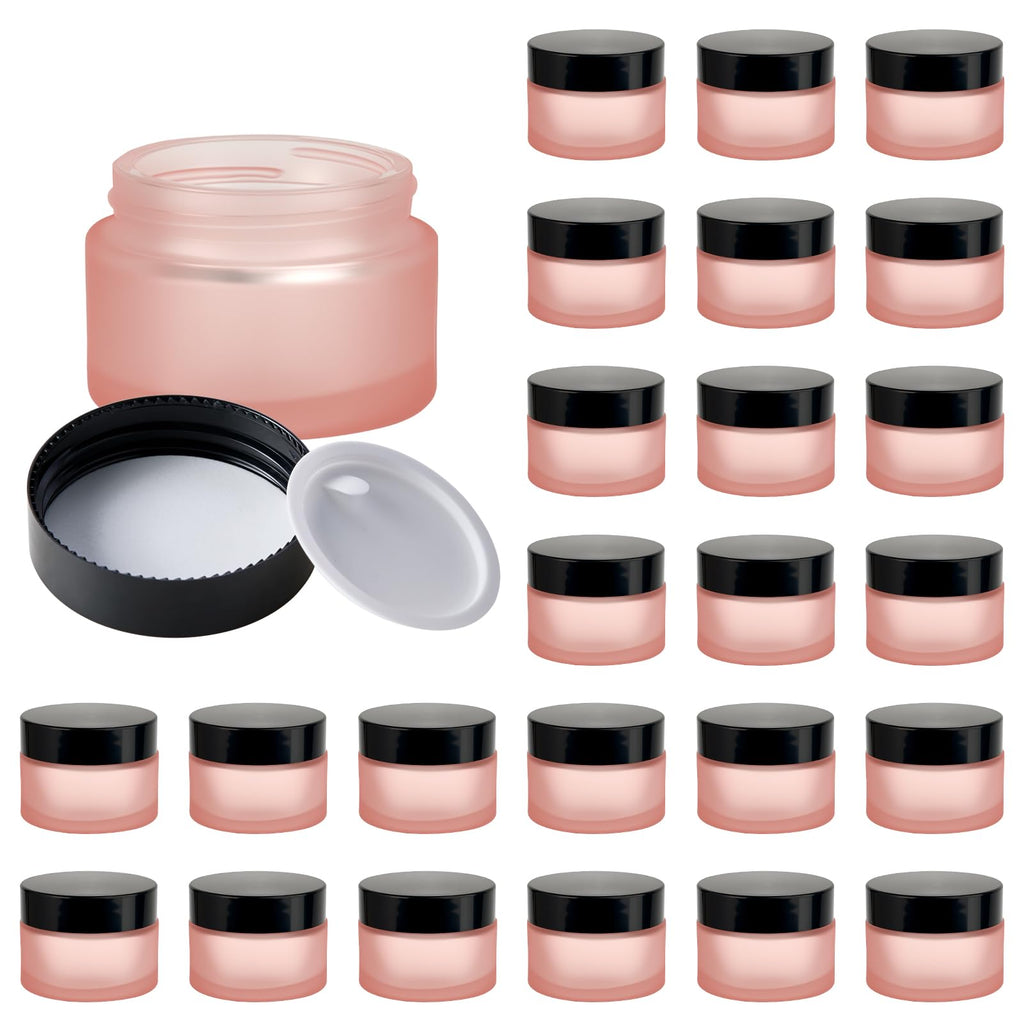 11 Hoa Kinh 1oz Pink Frosted Glass Jars – 25-Pack with Lids & Inner Liners for Travel Cosmetics