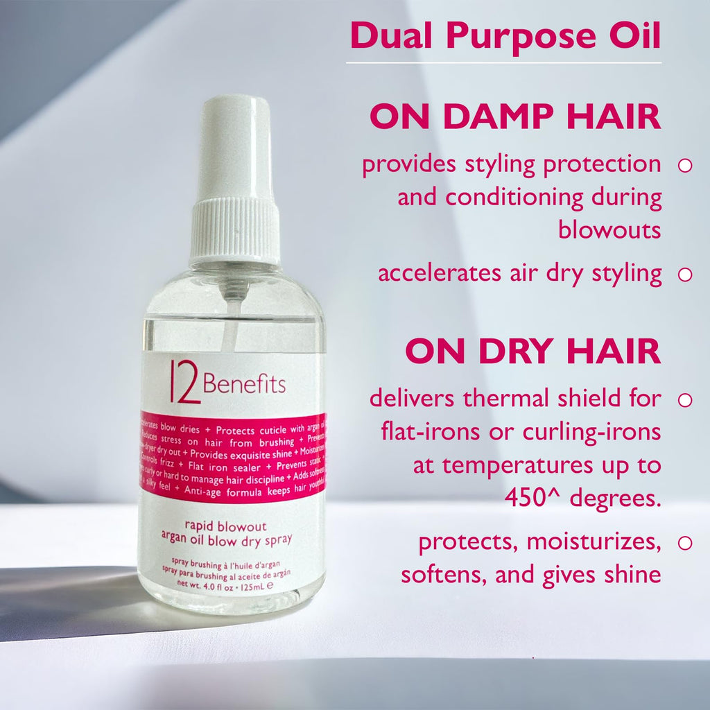 12 Benefits Rapid Blowout Argan Oil Spray – Quick Blow-Dry, Heat Protection, Shine