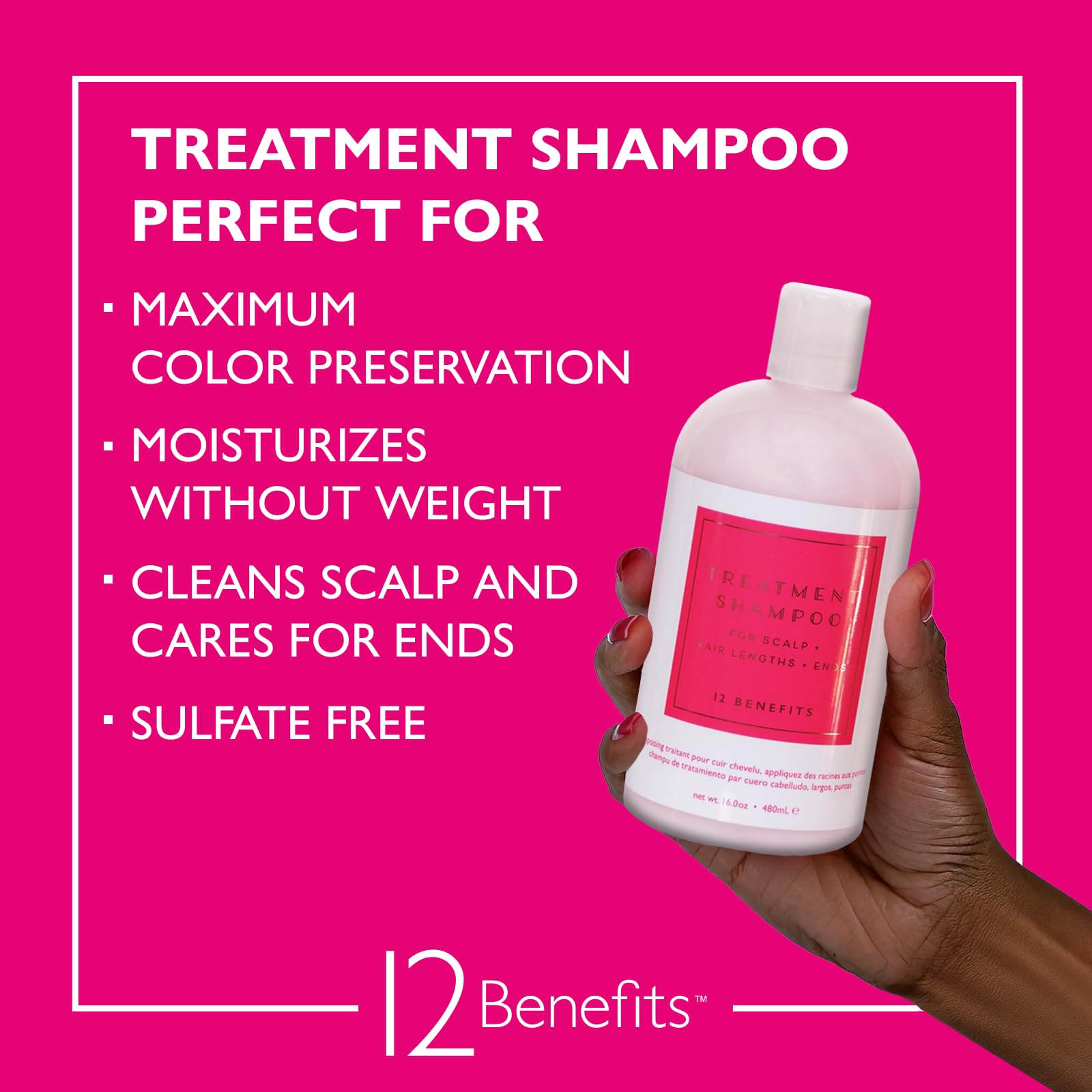 12 Benefits Treatment Shampoo – Hydrating, Sulfate-Free Cleanser for Dry, Damaged, Color-Treated Hair | 16 oz