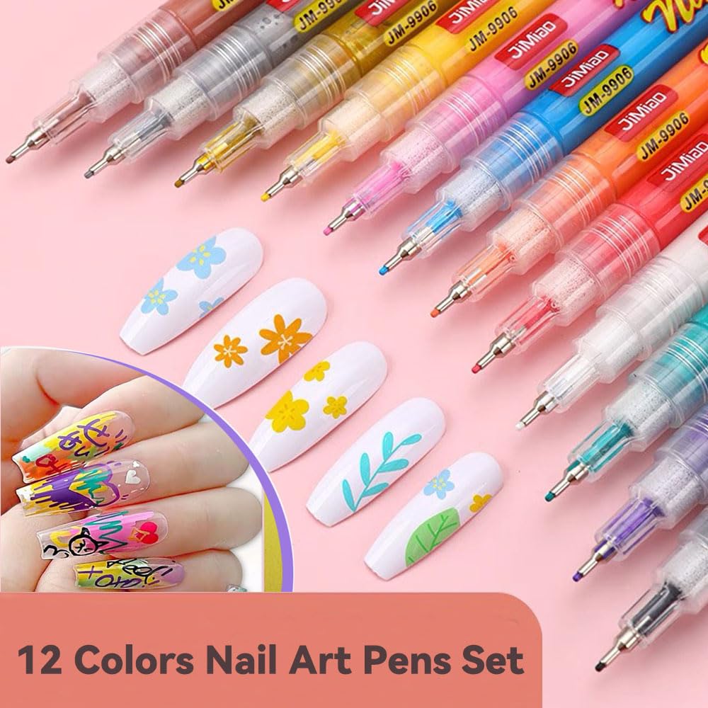 12 Colors Nail Art Pens Set | 0.5mm Quick-Dry Nail Markers for DIY Manicure