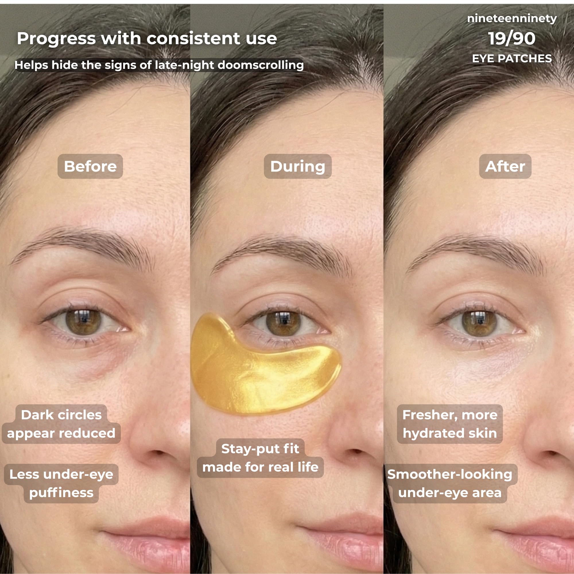 19/90 Gold Under Eye Patches – Caffeine, Niacinamide & Collagen | Depuff & Brighten (30 Pairs)