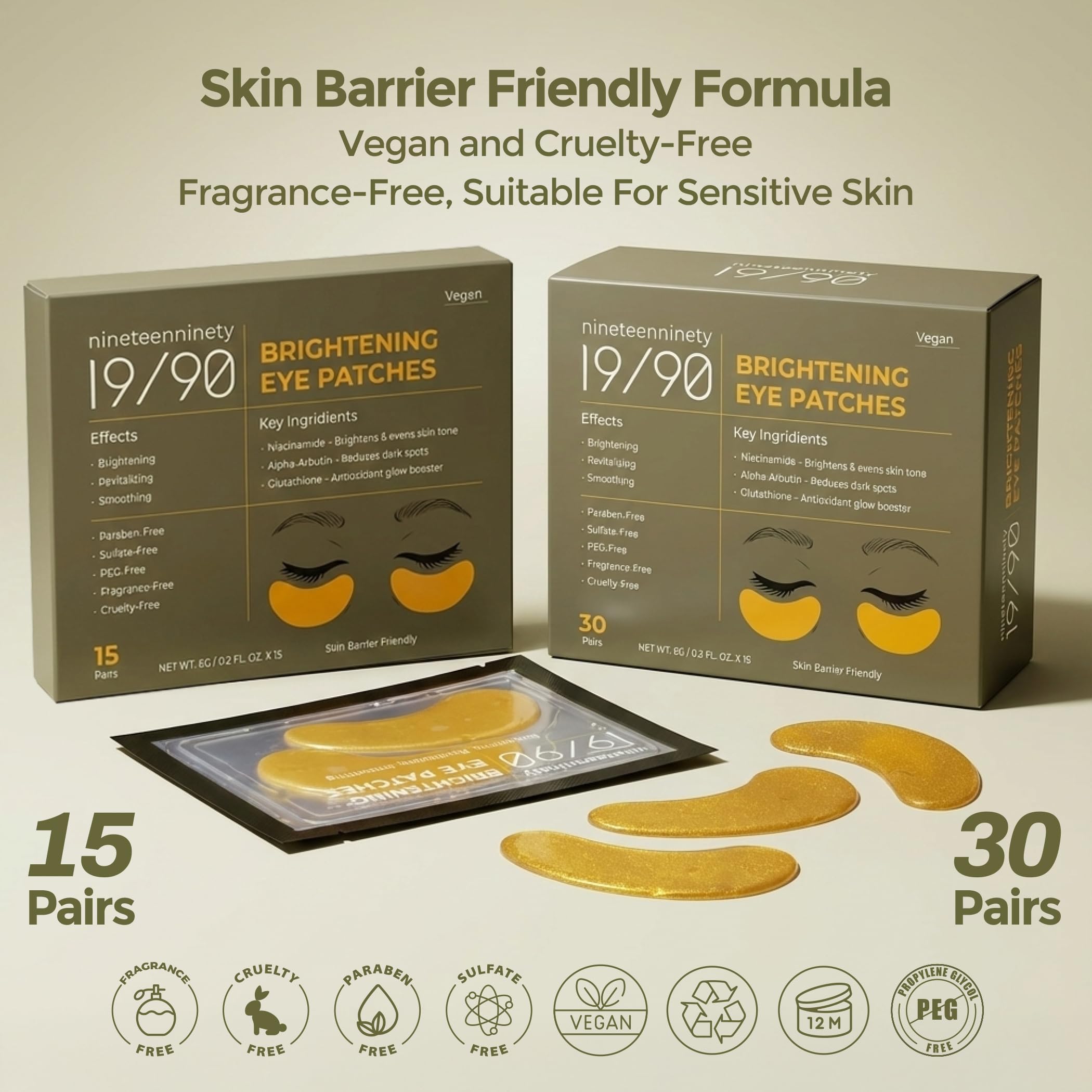 19/90 Gold Under Eye Patches – Caffeine, Niacinamide & Collagen | Depuff & Brighten (30 Pairs)
