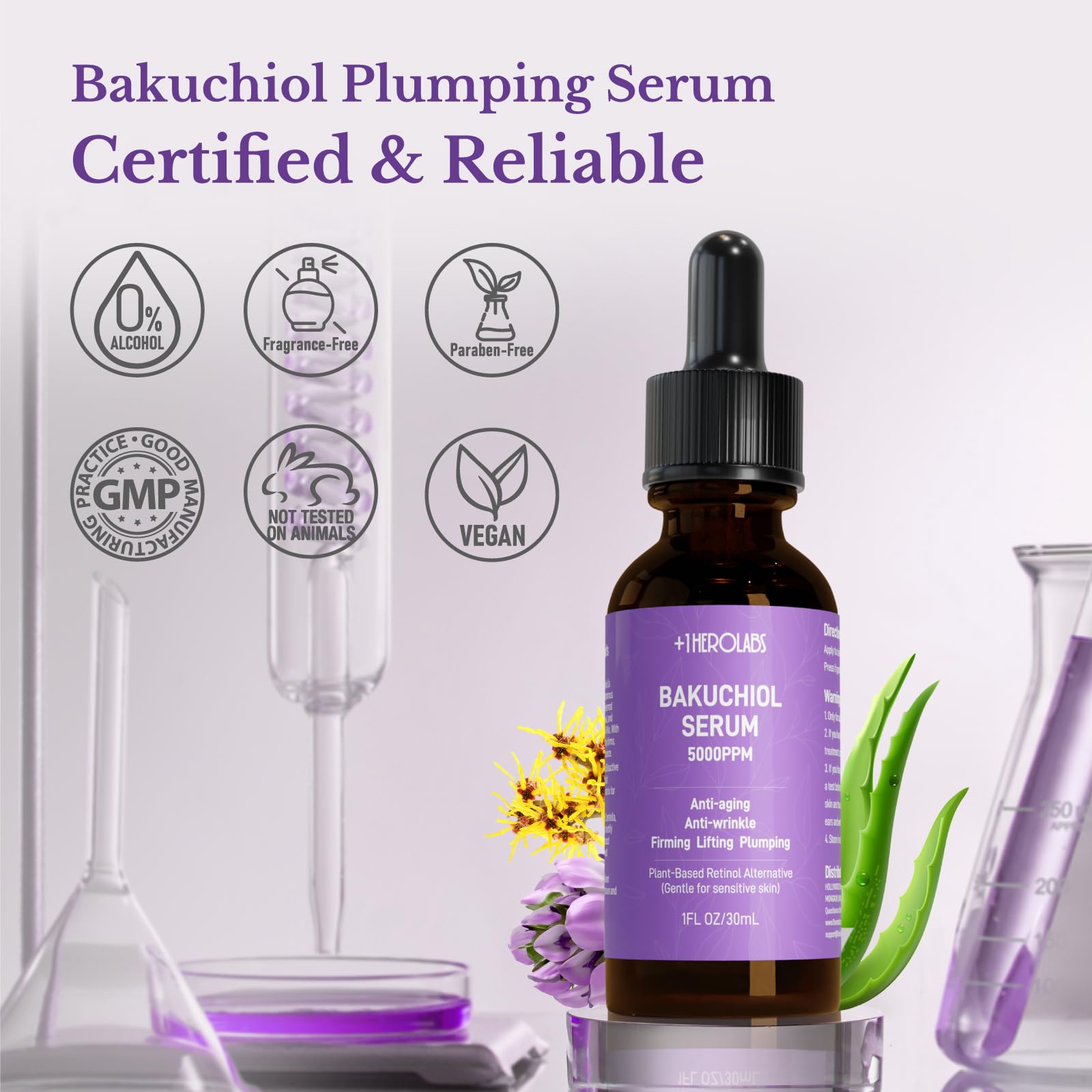 1HEROLABS Bakuchiol Serum – Gentle Retinol Alternative for Sensitive Skin, Vitamin E, Hyaluronic Acid & Collagen (1 oz)