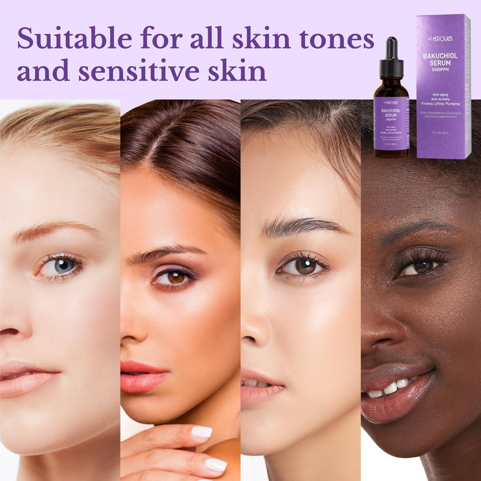 1HEROLABS Bakuchiol Serum – Gentle Retinol Alternative for Sensitive Skin, Vitamin E, Hyaluronic Acid & Collagen (1 oz)