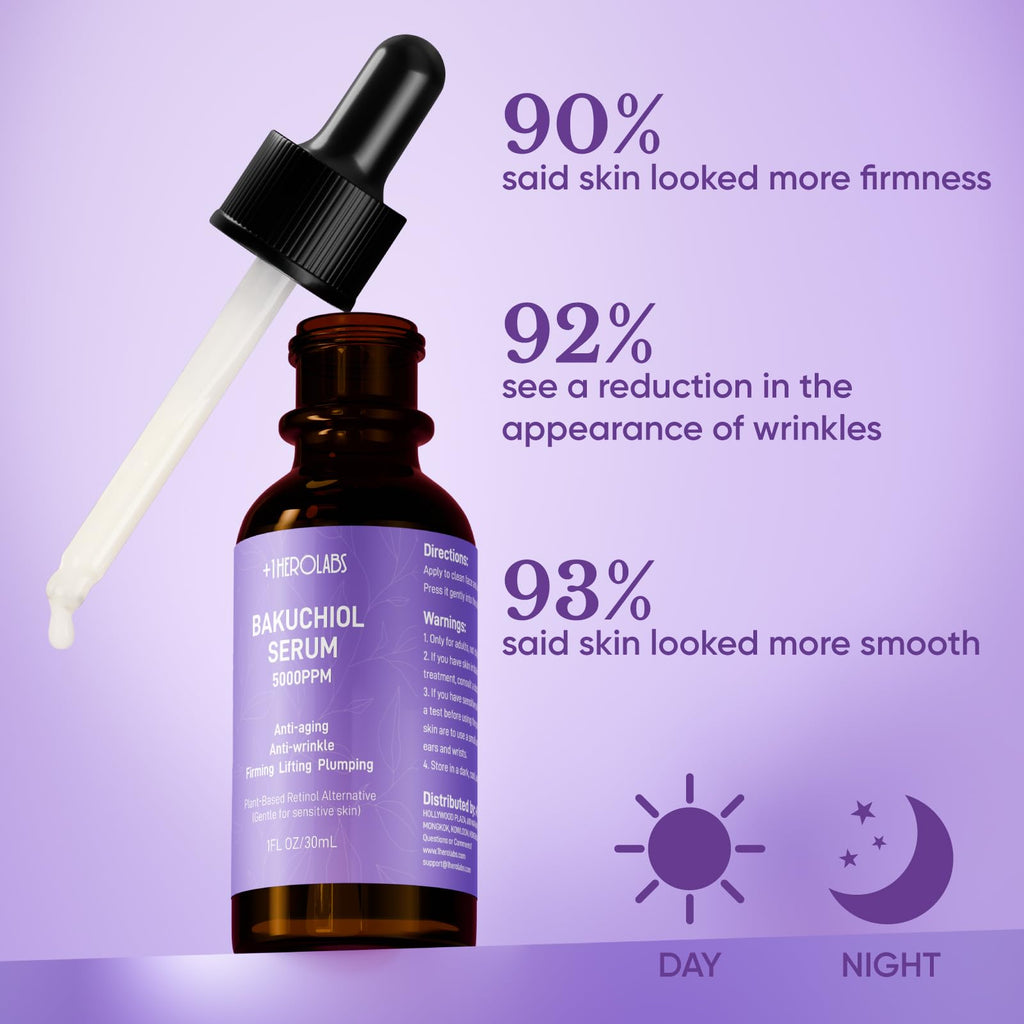 1HEROLABS Bakuchiol Serum – Gentle Retinol Alternative for Sensitive Skin, Vitamin E, Hyaluronic Acid & Collagen (1 oz)