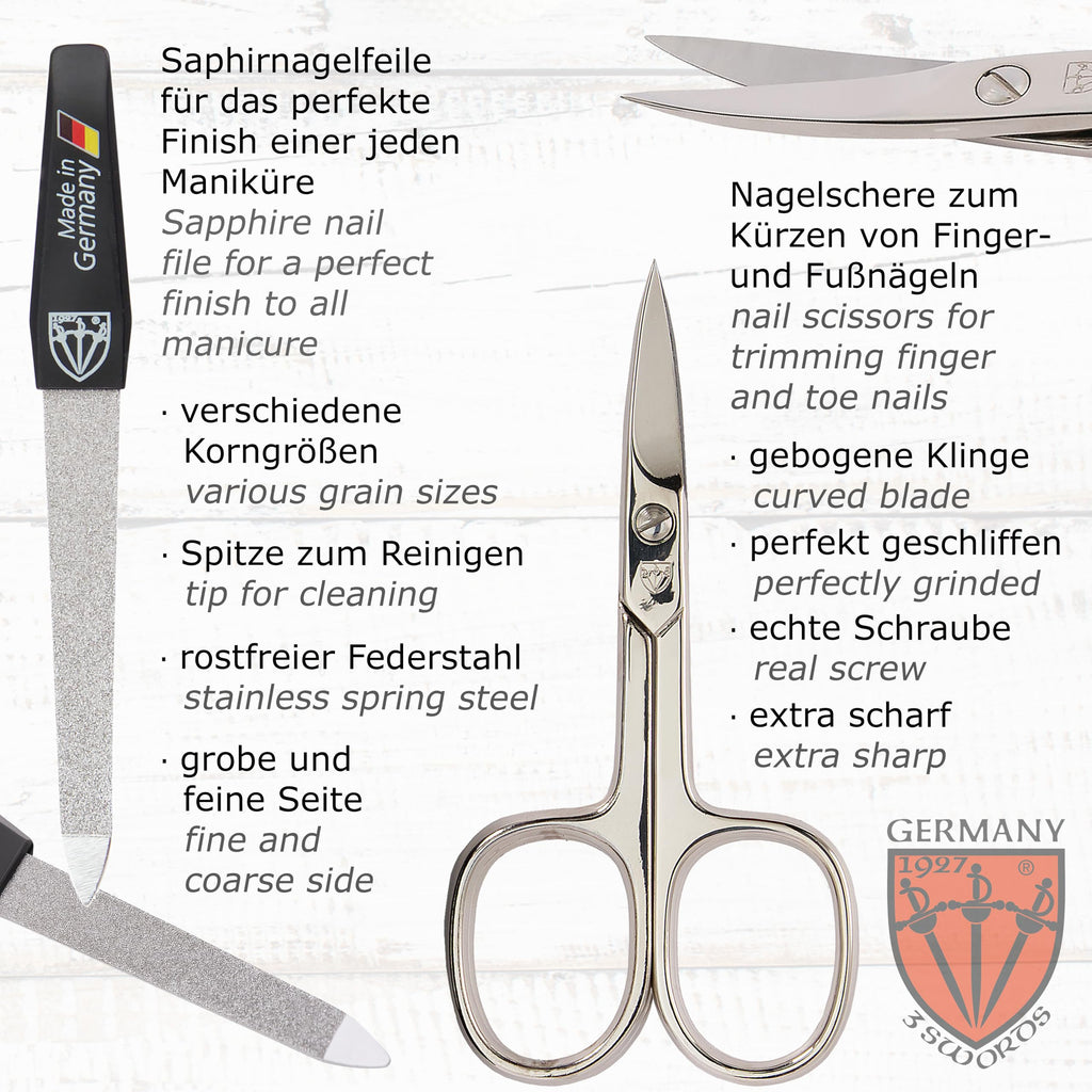 3 Swords Germany - 10-Piece Manicure Pedicure Kit in Leather Case | Premium German Craft