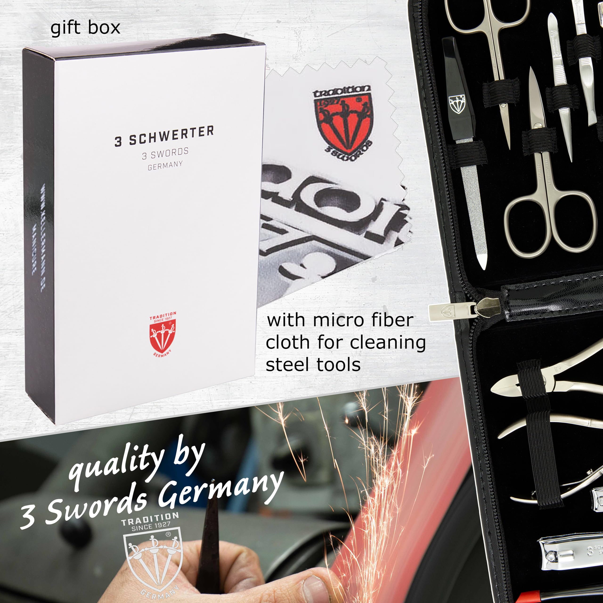 3 Swords Germany – 12-Piece Manicure & Pedicure Kit in Black Leather Case | Made in Germany