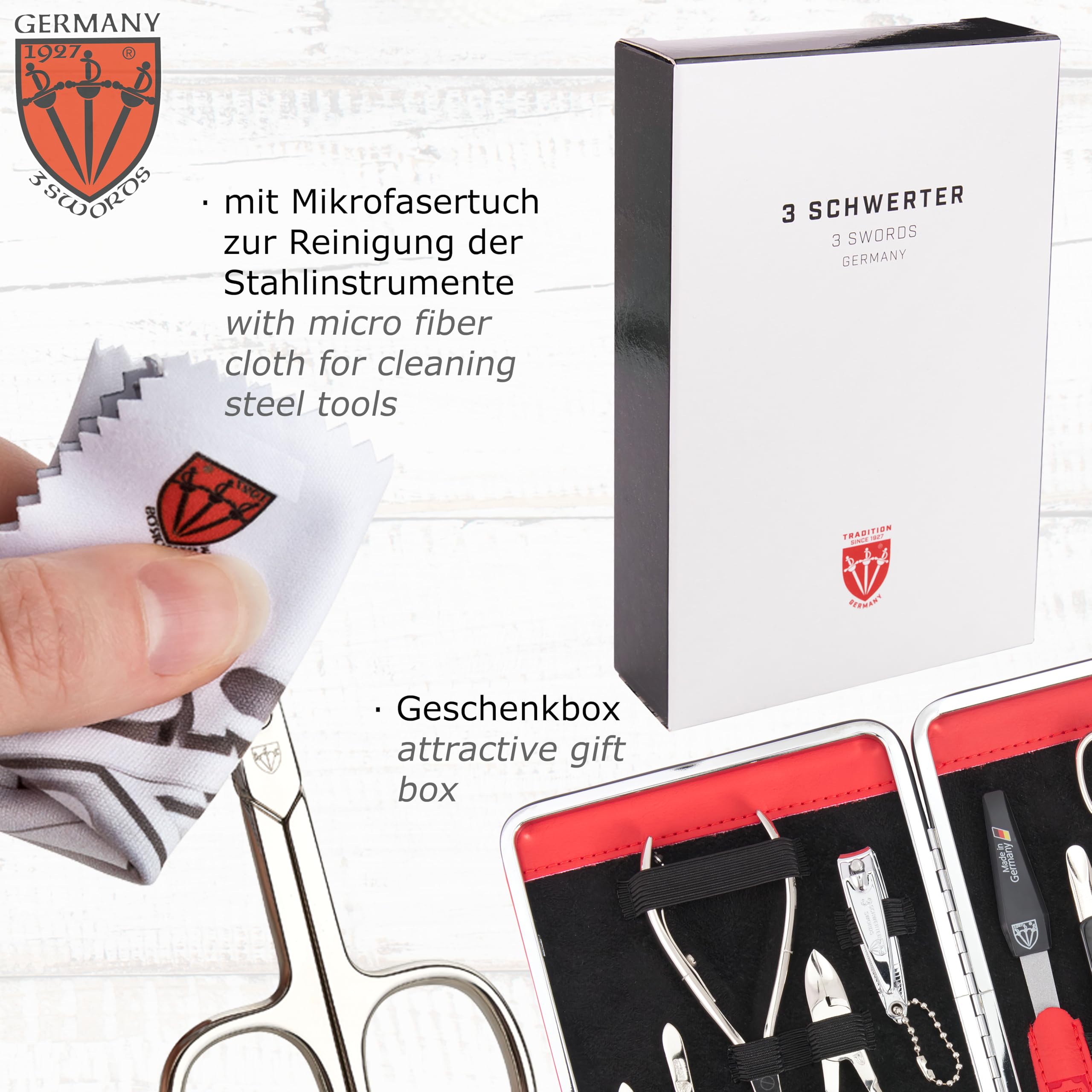 3 Swords Germany – 11-Piece Manicure & Pedicure Kit in Red Leather Case | Made in Germany