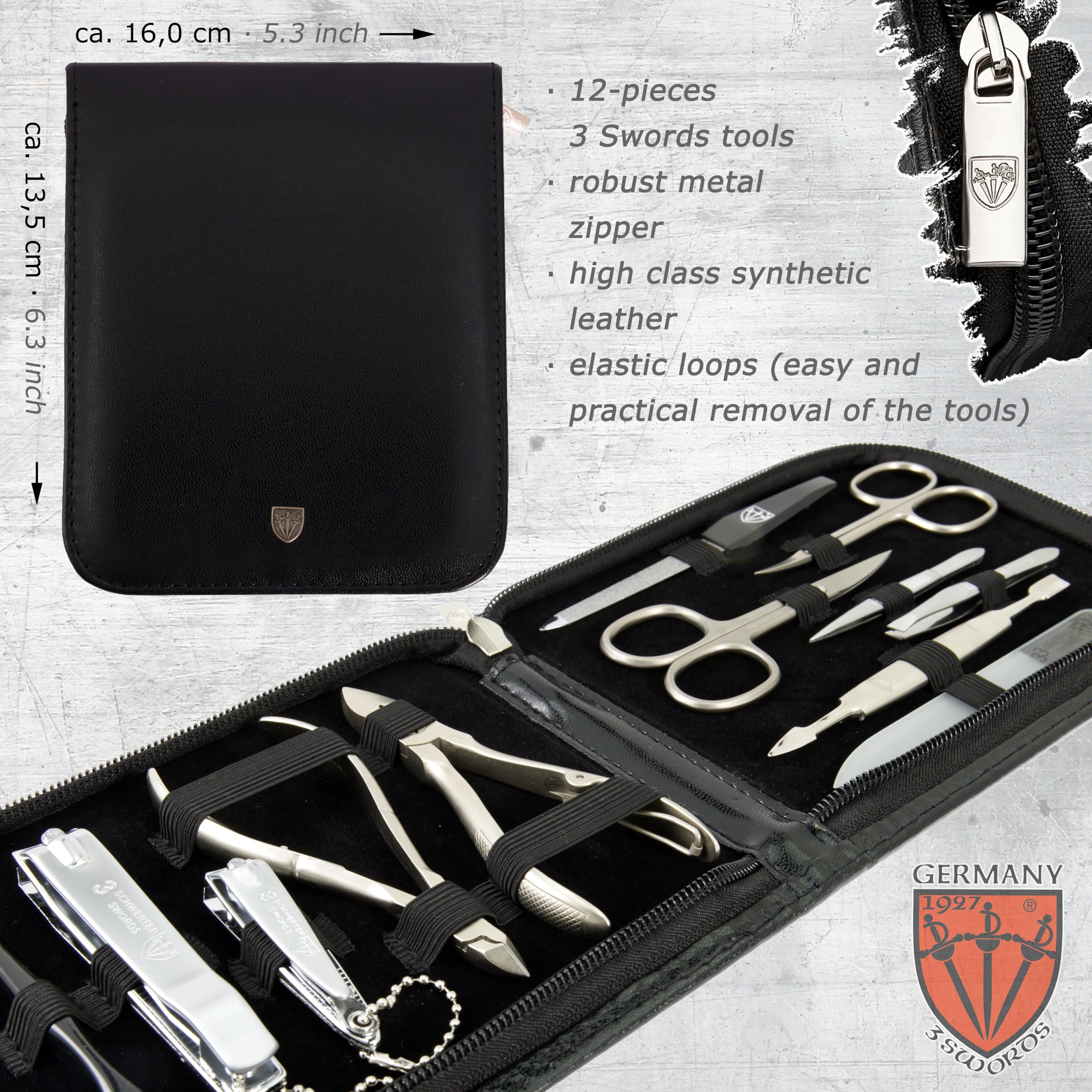 3 Swords Germany – 12-Piece Manicure & Pedicure Kit in Black Leather Case | Made in Germany