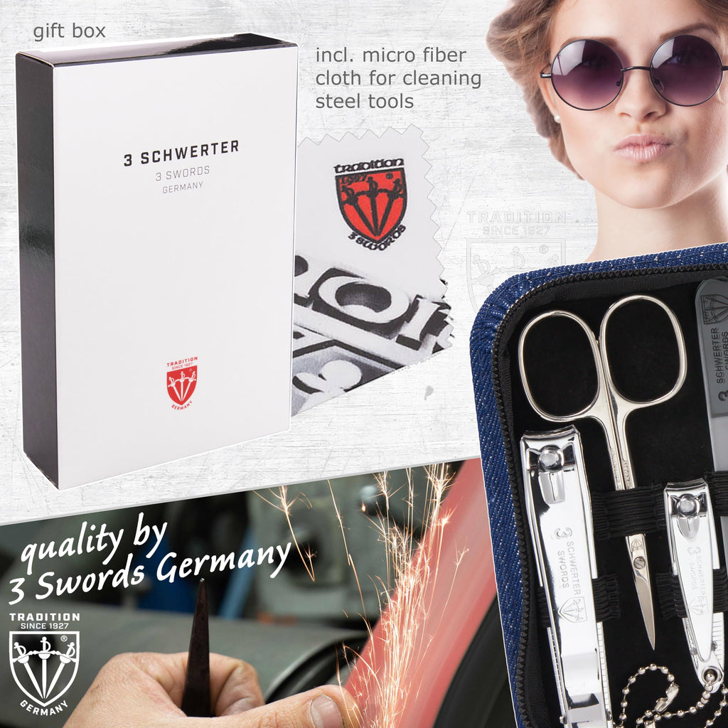 3 Swords Germany - 8-Piece Nail & Grooming Kit in Jeans Blue Textile Case - Made in Germany