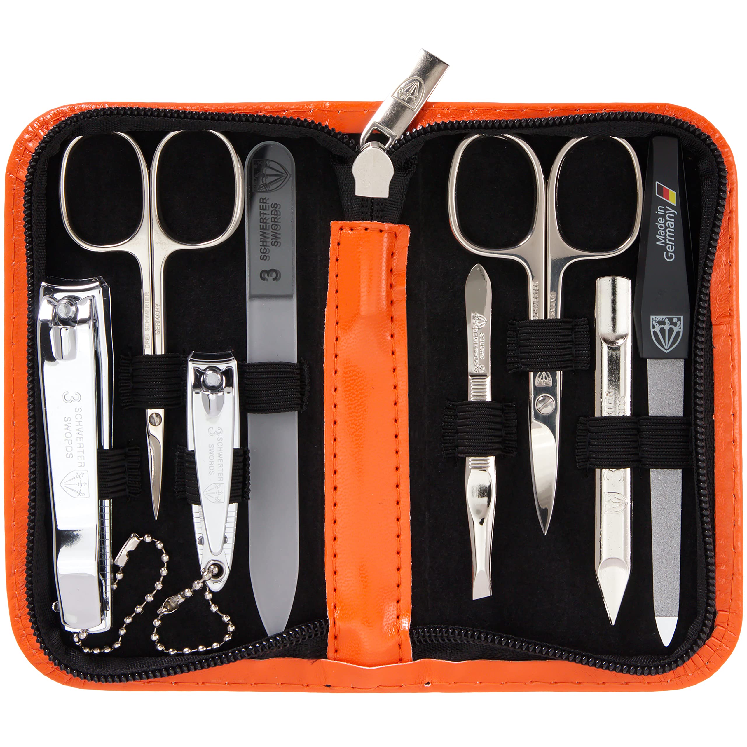 3 Swords Germany 8-Piece Manicure Pedicure Kit in Orange Synthetic Leather Case – Made in Germany