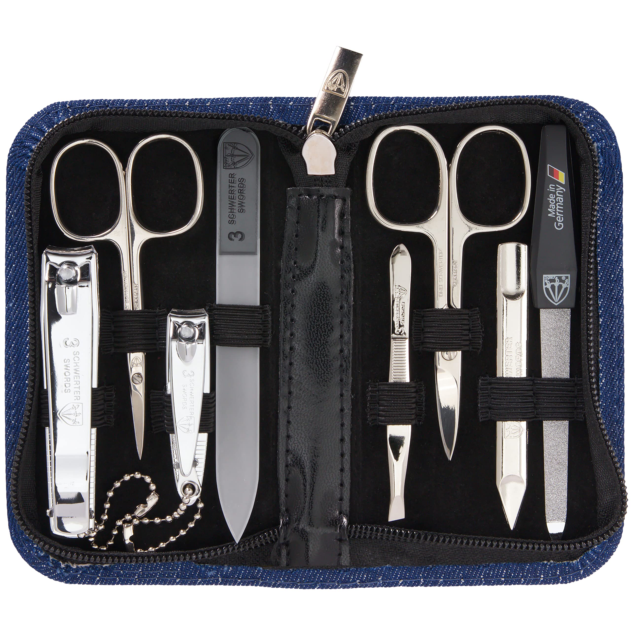 3 Swords Germany - 8-Piece Nail & Grooming Kit in Jeans Blue Textile Case - Made in Germany