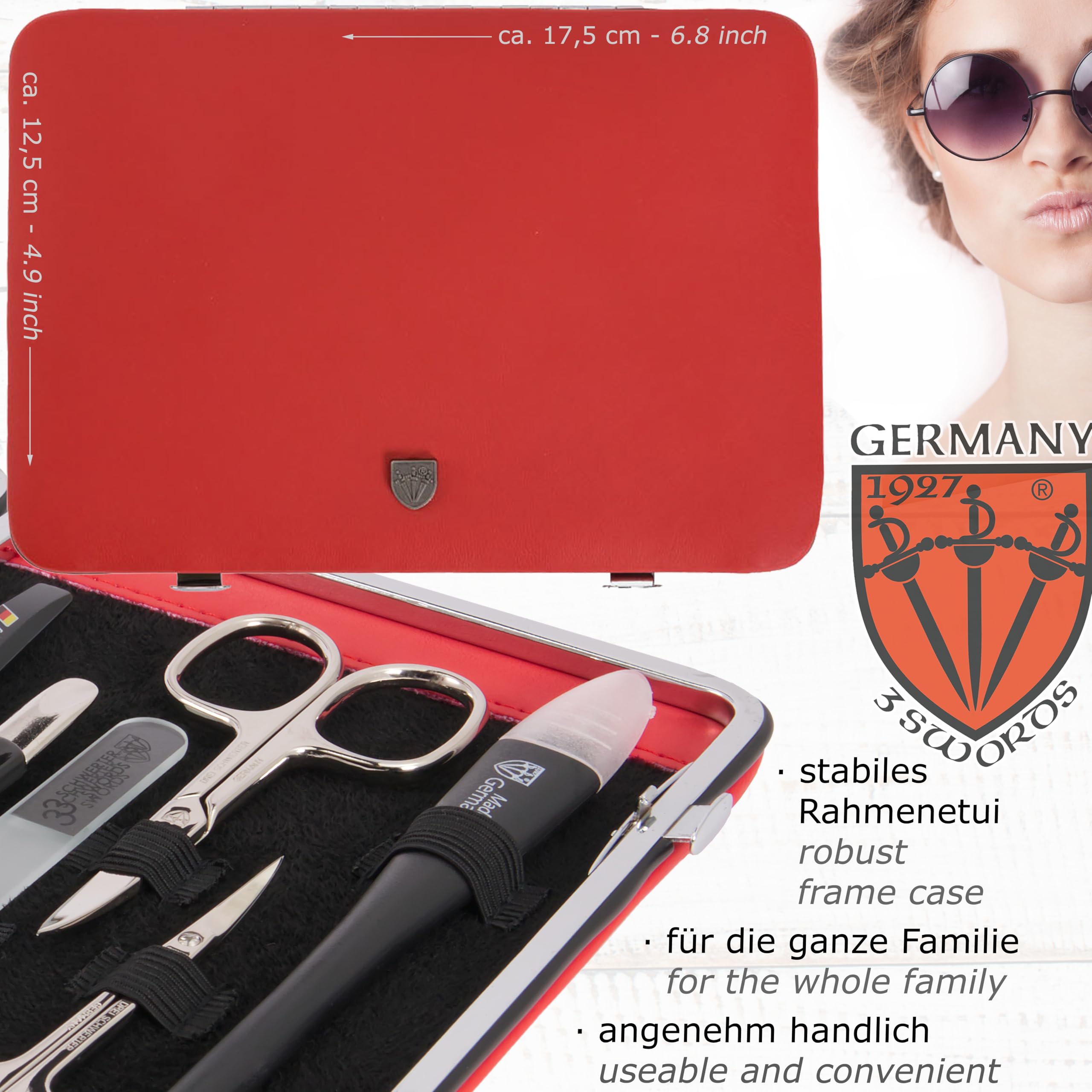 3 Swords Germany – 11-Piece Manicure & Pedicure Kit in Red Leather Case | Made in Germany