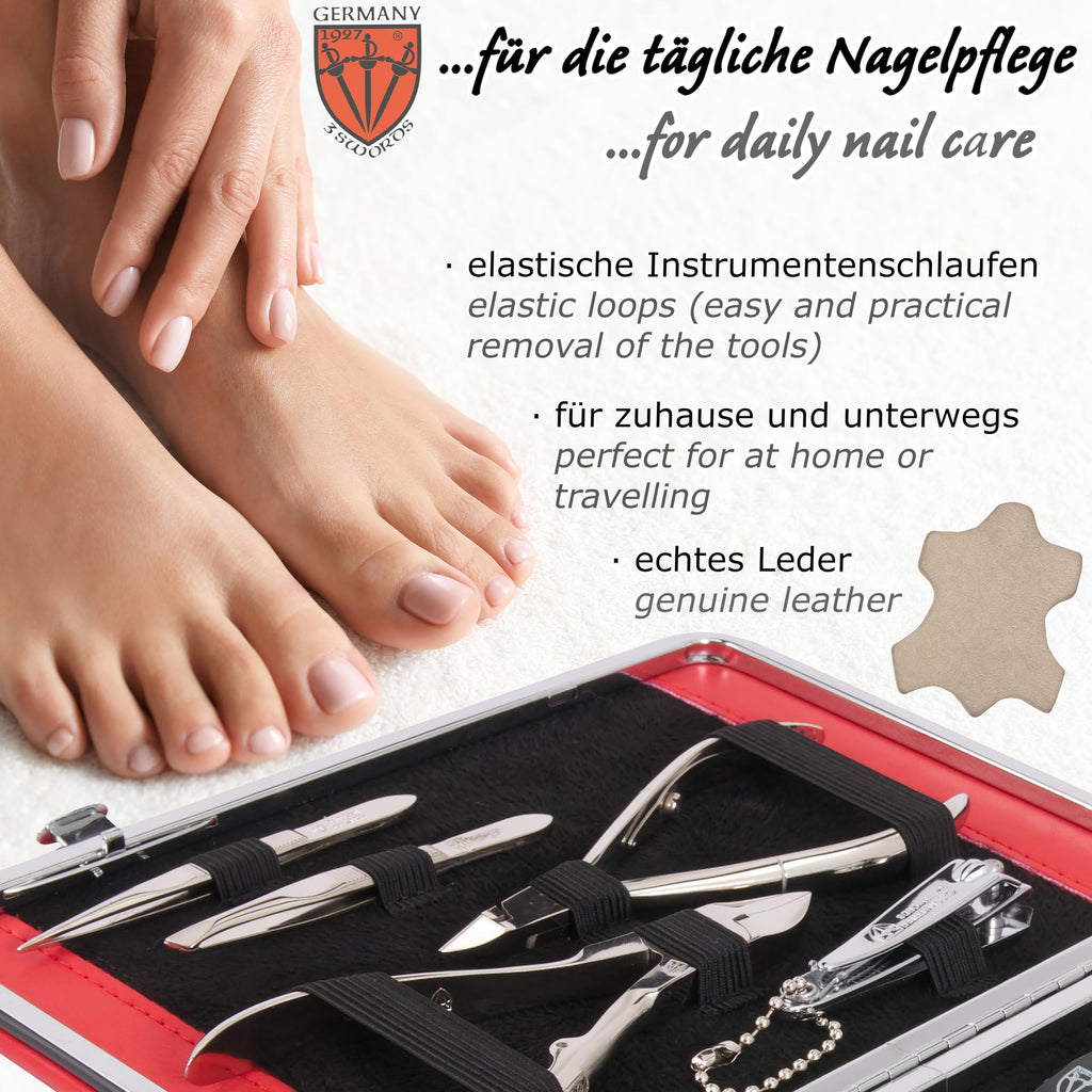 3 Swords Germany – 11-Piece Manicure & Pedicure Kit in Red Leather Case | Made in Germany