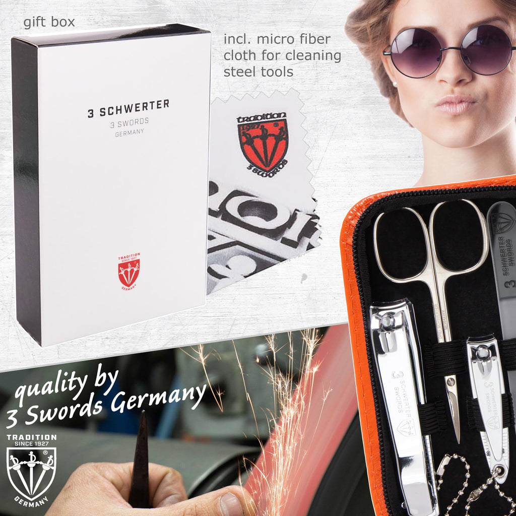 3 Swords Germany 8-Piece Manicure Pedicure Kit in Orange Synthetic Leather Case – Made in Germany