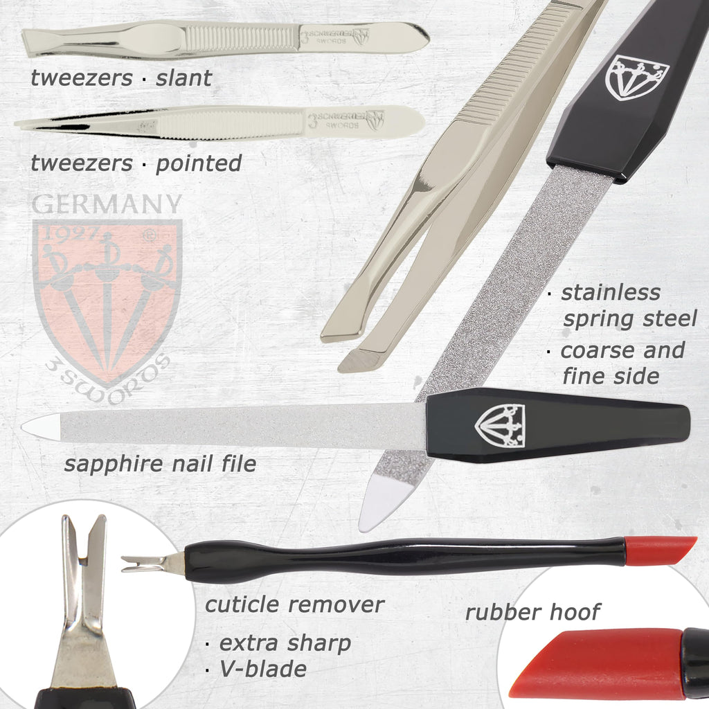 3 Swords Germany – 12-Piece Manicure & Pedicure Kit in Black Leather Case | Made in Germany