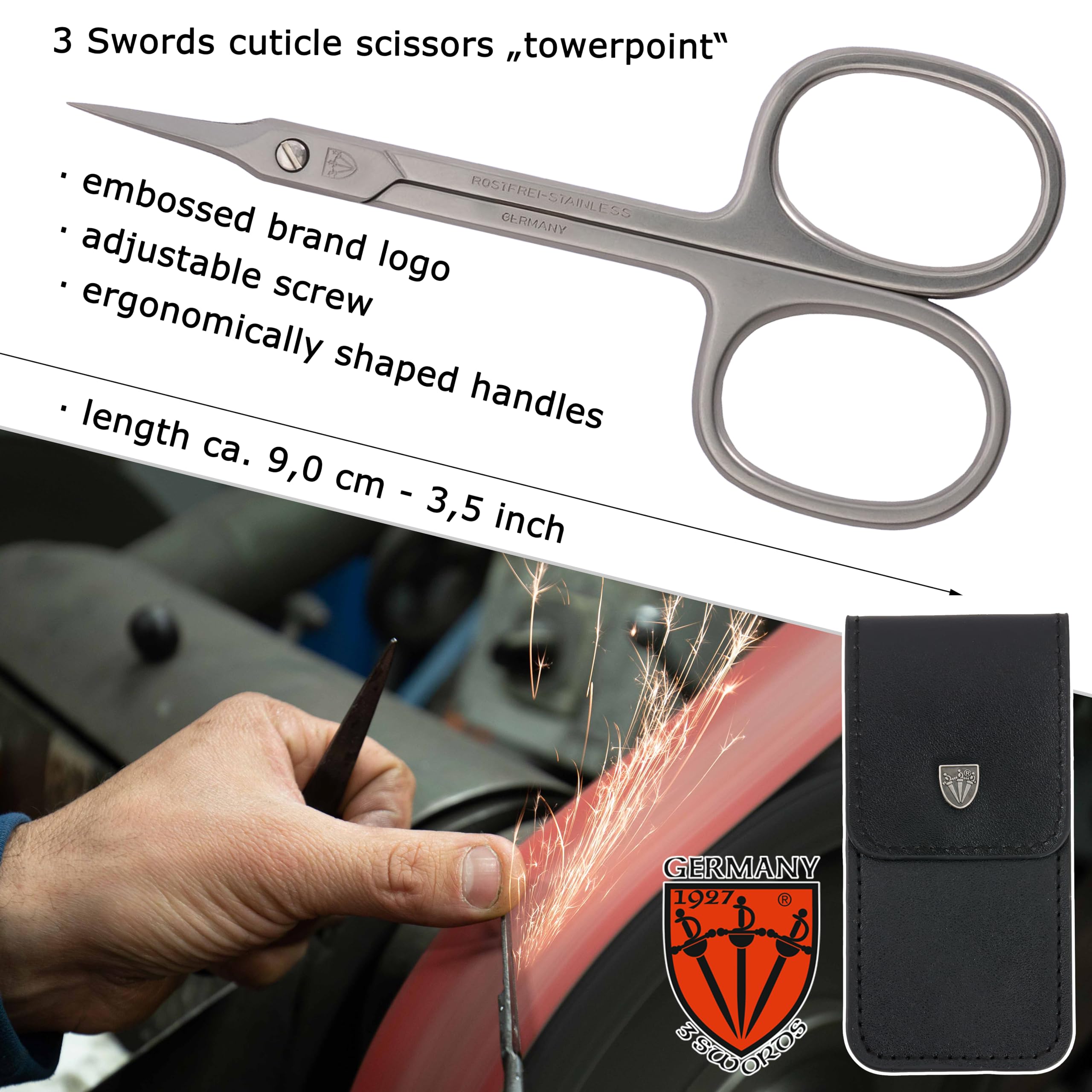 3 Swords Germany Curved Cuticle Scissors – INOX Stainless Steel, Towerpoint, Case Included | Made in Germany