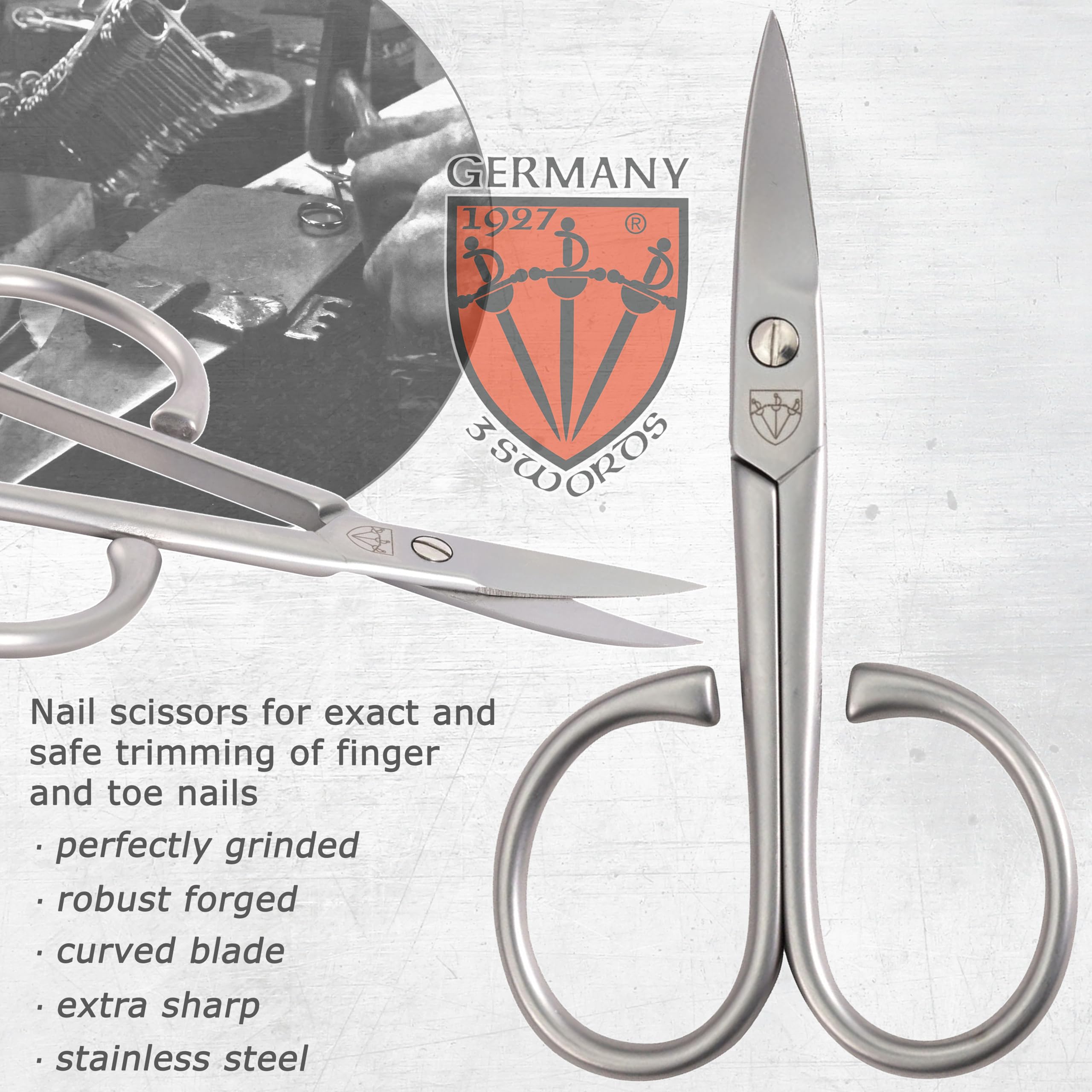 3 Swords Germany Solingen Curved Nail Scissors – INOX Stainless, Extra-Strong, With Case