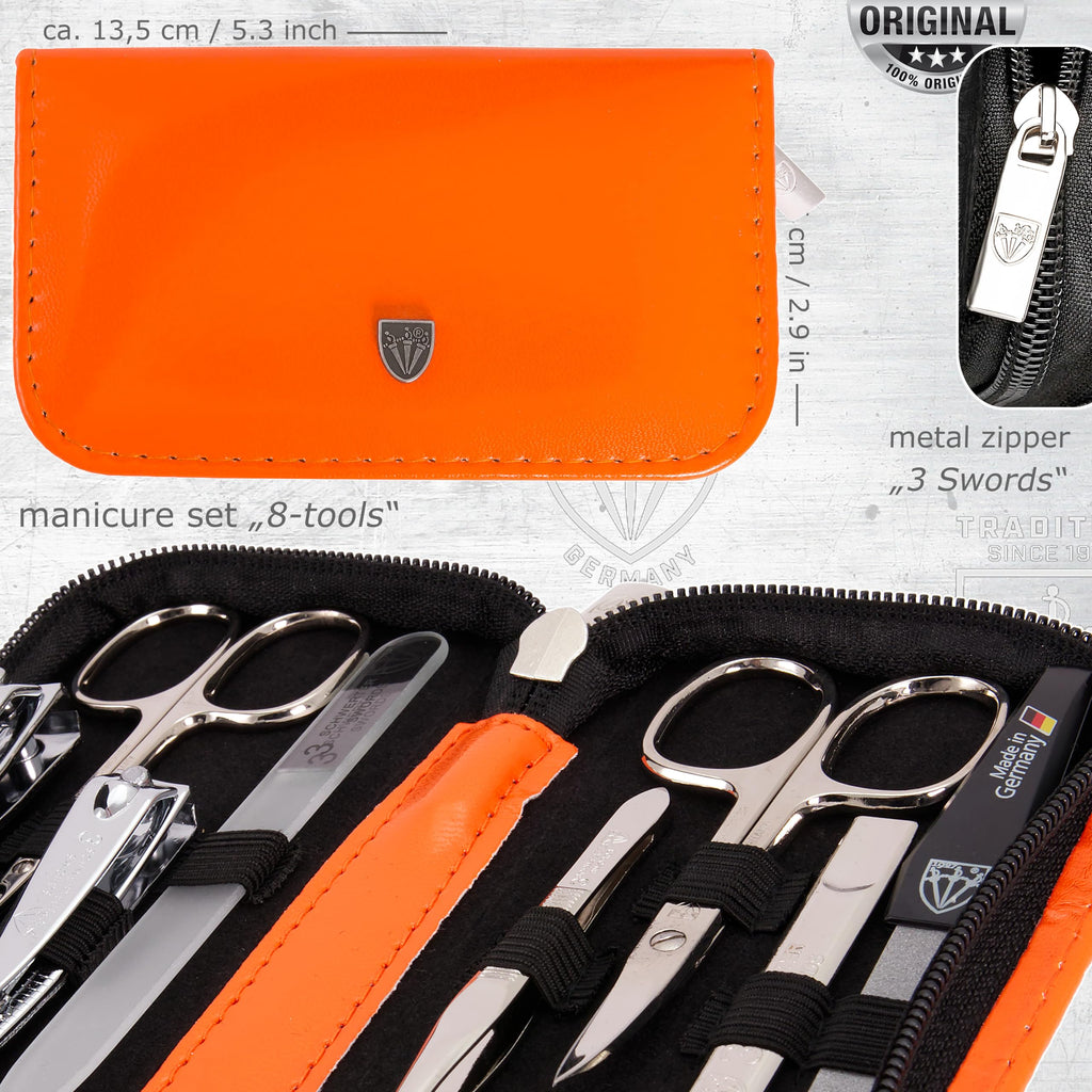 3 Swords Germany 8-Piece Manicure Pedicure Kit in Orange Synthetic Leather Case – Made in Germany