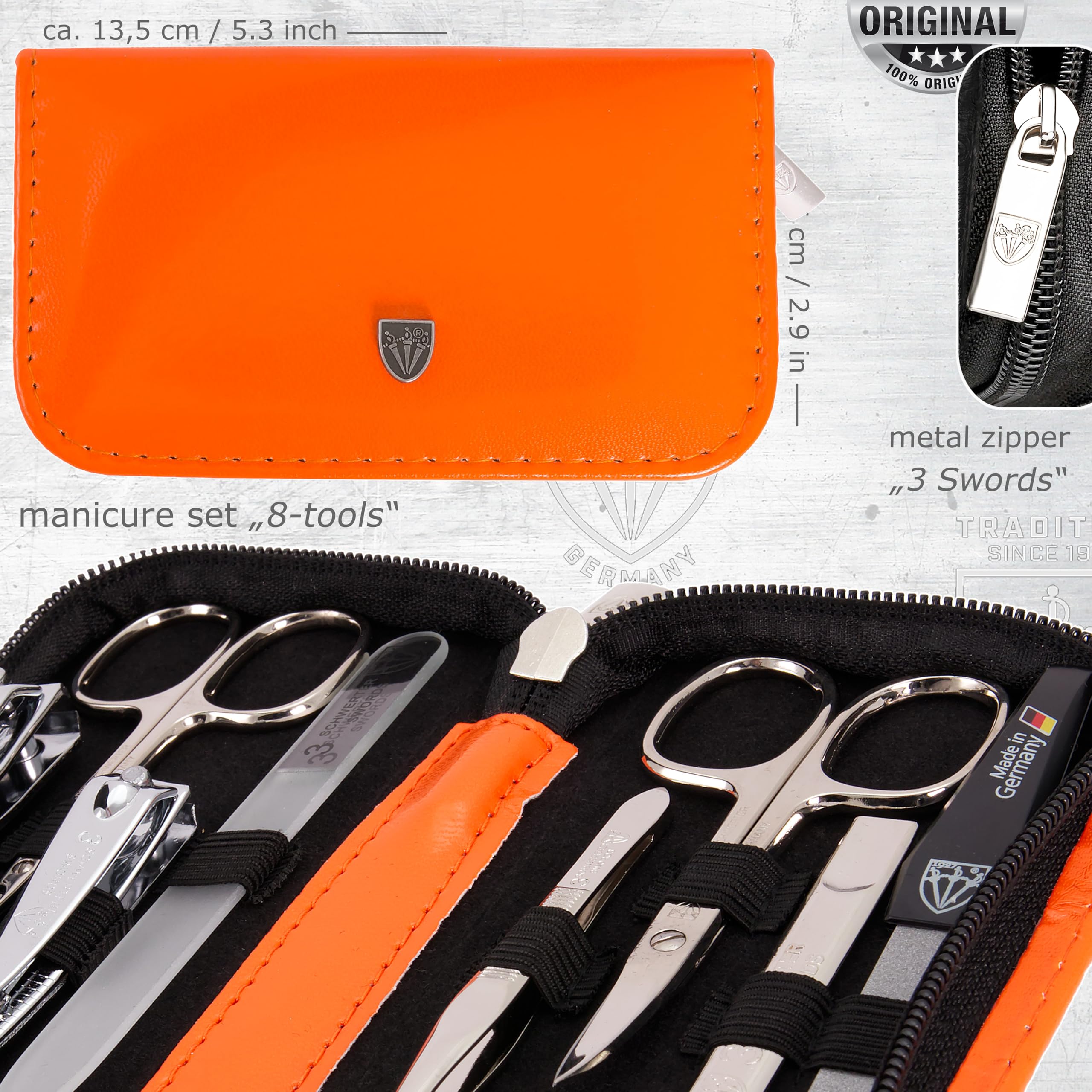 3 Swords Germany 8-Piece Manicure Pedicure Kit in Orange Synthetic Leather Case – Made in Germany
