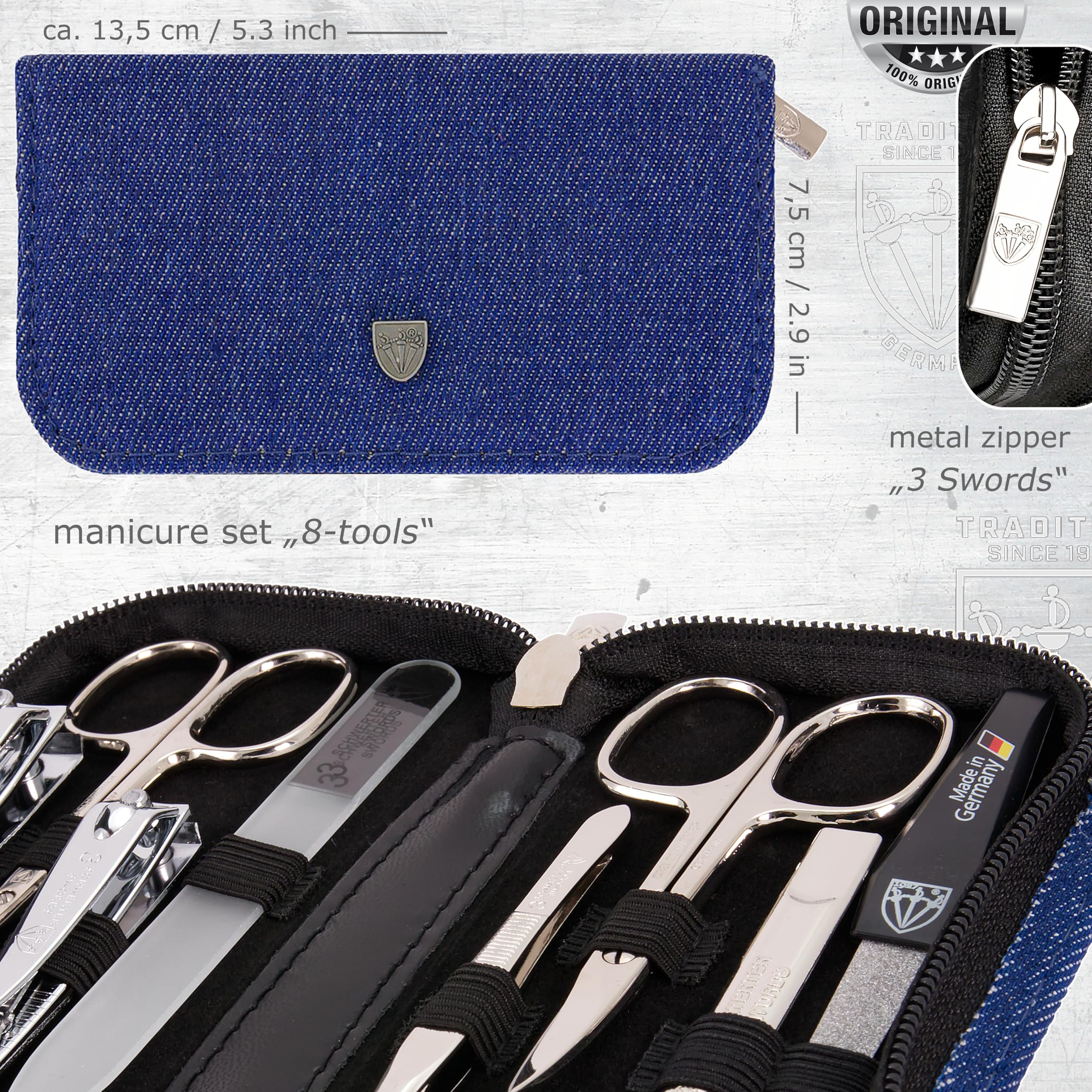 3 Swords Germany - 8-Piece Nail & Grooming Kit in Jeans Blue Textile Case - Made in Germany