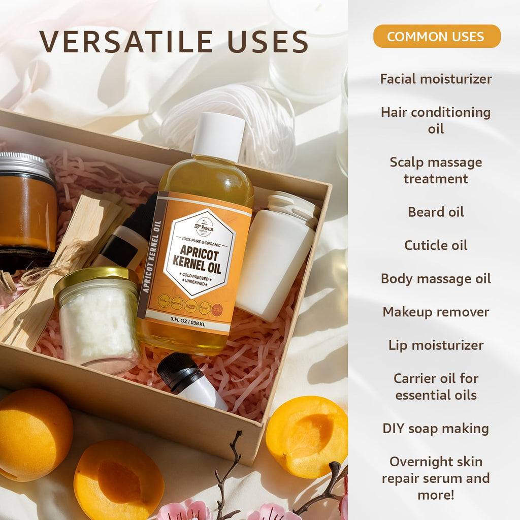 Organic Apricot Kernel Oil (32 Oz) Premium Cold Pressed Unrefined | 100% Pure Apricot Kernel Oil for Skin, Hair, Soap Making | Carrier for Essential Oils | Available Bulk | 32 FL OZ