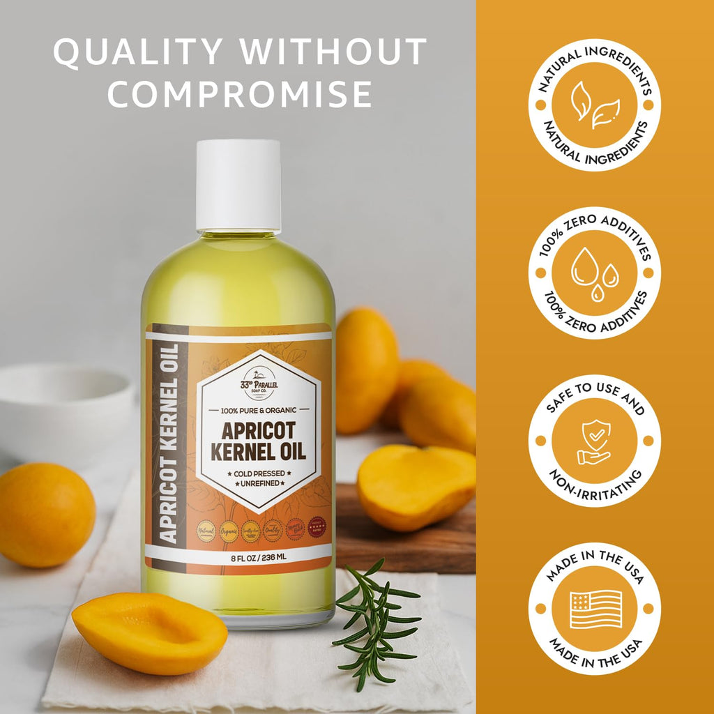 Organic Apricot Kernel Oil (32 Oz) Premium Cold Pressed Unrefined | 100% Pure Apricot Kernel Oil for Skin, Hair, Soap Making | Carrier for Essential Oils | Available Bulk | 32 FL OZ