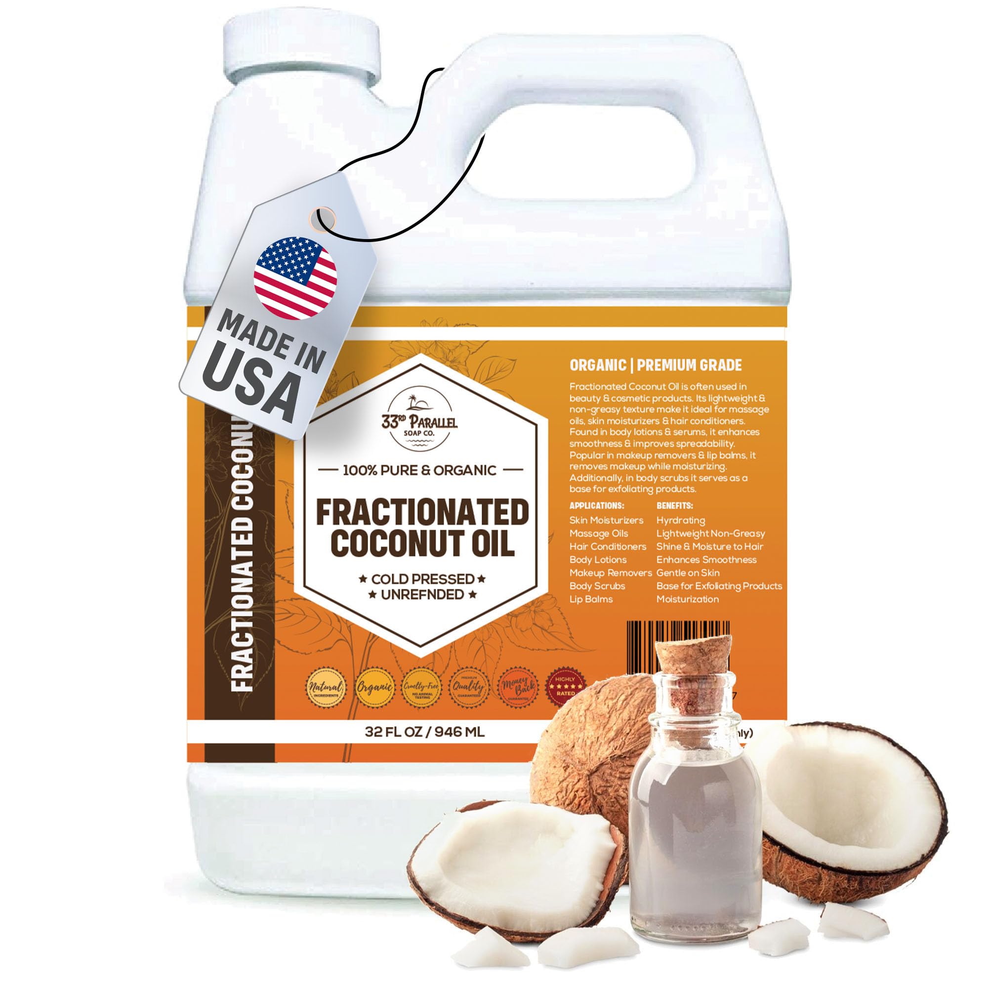 33rd Parallel Soap Co. Organic Fractionated Coconut Oil (32 oz) – Premium, Non-GMO, Cold-Pressed