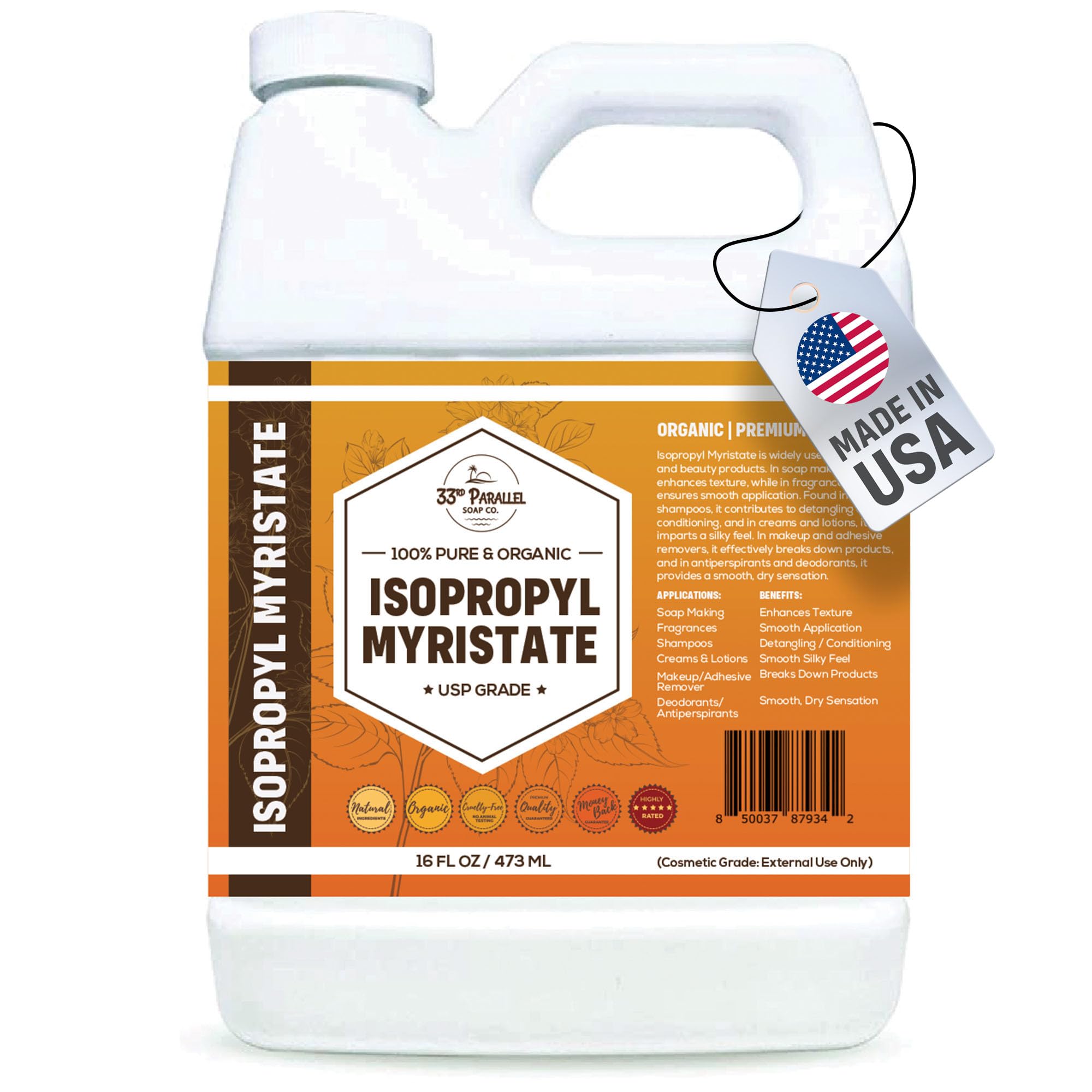 33RD PARALLEL SOAP CO. Isopropyl Myristate IPM – 16 oz, Plant-Derived Cosmetic Grade for Soap, Fragrances, Shampoo & More