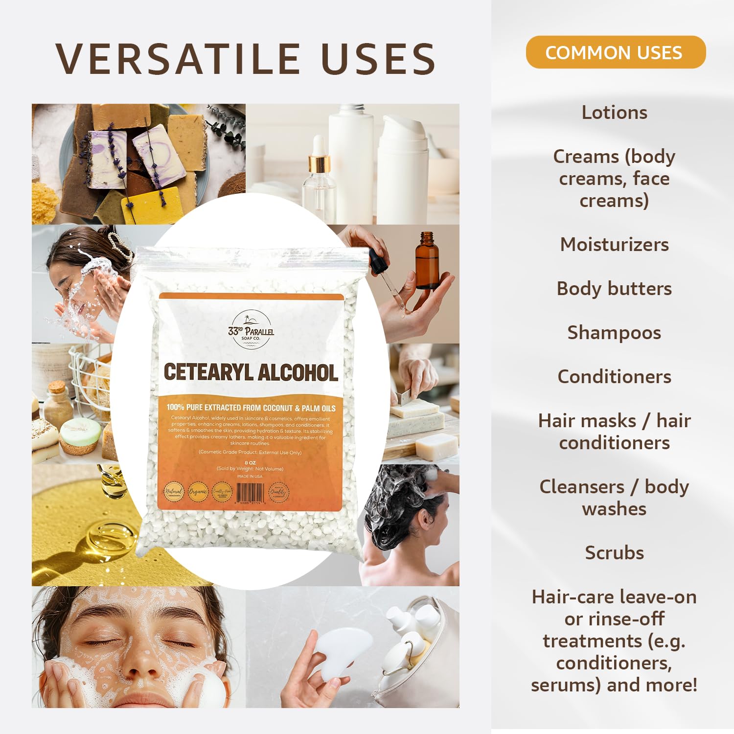 33RD PARALLEL SOAP CO. Cetearyl Alcohol 1lb — Premium Granules for Creams, Lotions & Shampoos