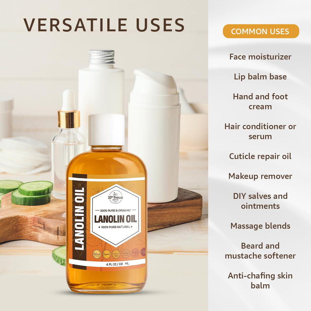 Lanolin Oil 8oz - Cold-Pressed & Unrefined | Skin, Lips & Hair Hydration | 33RD PARALLEL SOAP CO.