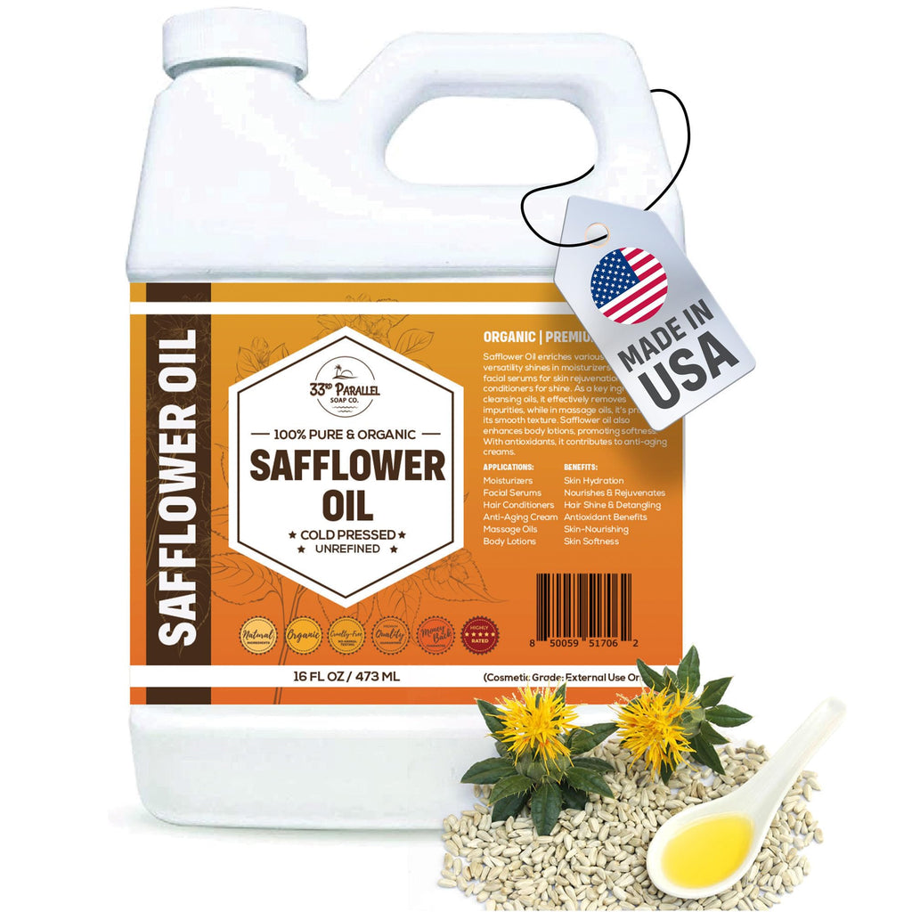 Organic Safflower Oil (16 oz) – Premium Cold-Pressed, 100% Pure Carrier Oil for Skin, Hair, Soap Making | 33rd Parallel Soap Co.