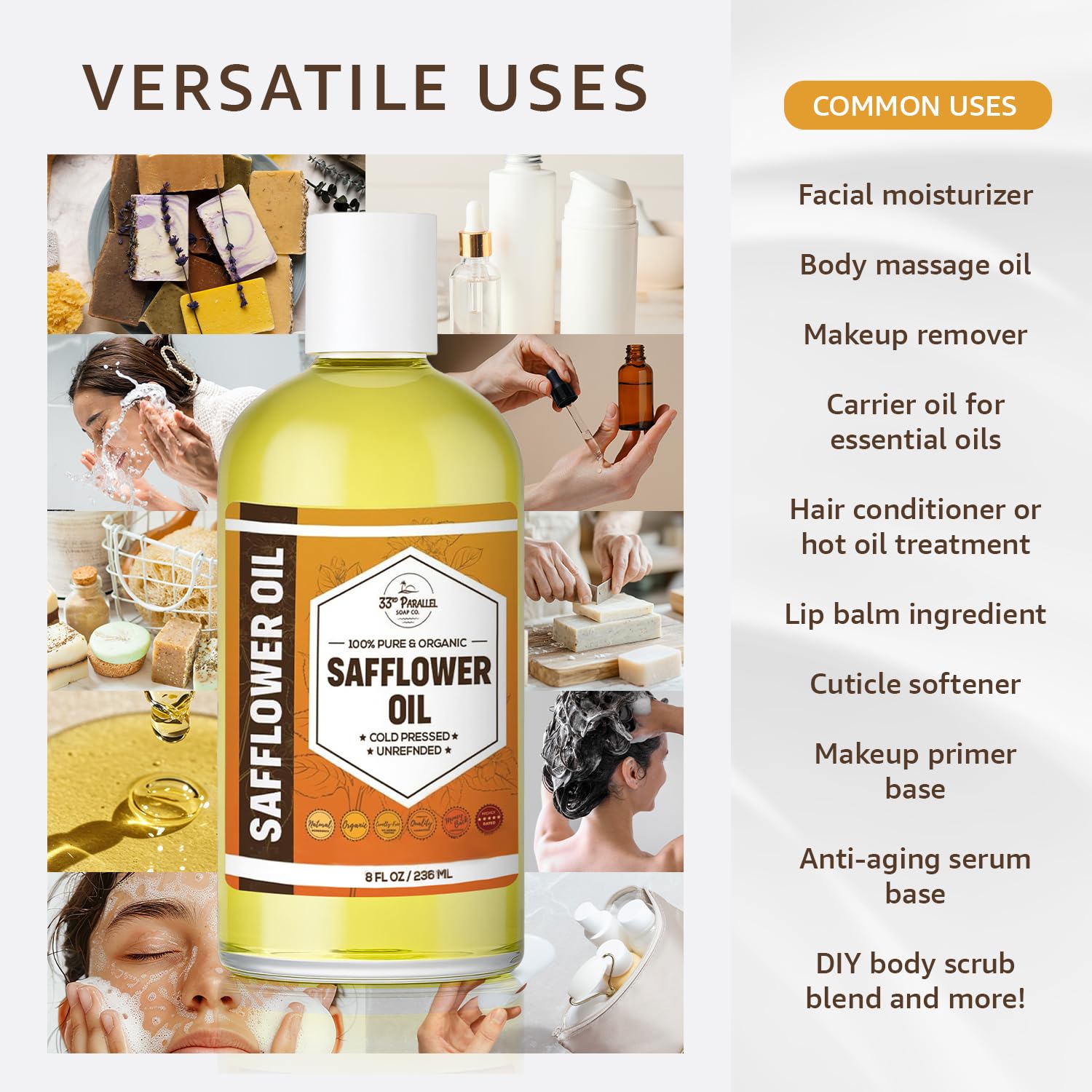 Organic Safflower Oil (16 oz) – Premium Cold-Pressed, 100% Pure Carrier Oil for Skin, Hair, Soap Making | 33rd Parallel Soap Co.