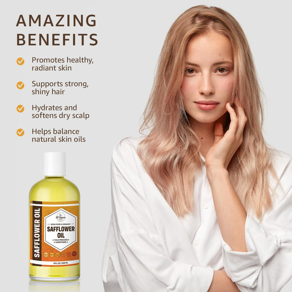 Organic Safflower Oil (16 oz) – Premium Cold-Pressed, 100% Pure Carrier Oil for Skin, Hair, Soap Making | 33rd Parallel Soap Co.