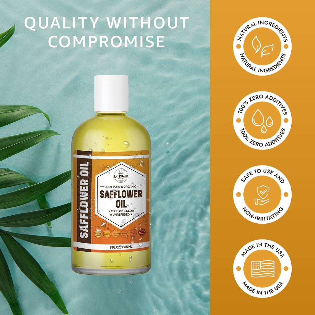 Organic Safflower Oil (16 oz) – Premium Cold-Pressed, 100% Pure Carrier Oil for Skin, Hair, Soap Making | 33rd Parallel Soap Co.