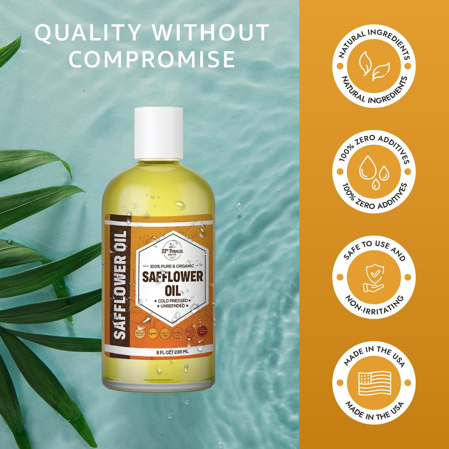 Organic Safflower Oil (16 oz) – Premium Cold-Pressed, 100% Pure Carrier Oil for Skin, Hair, Soap Making | 33rd Parallel Soap Co.