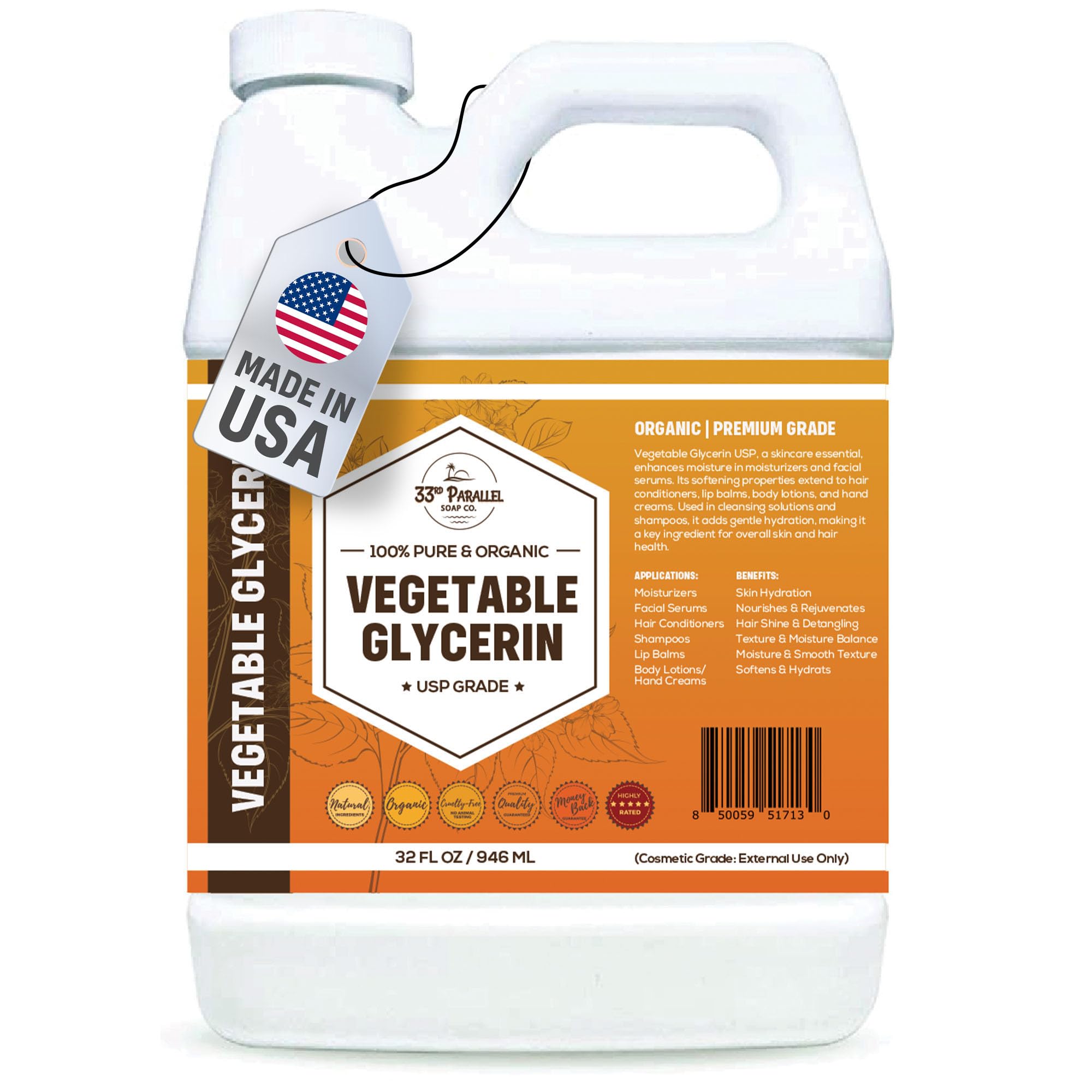 Organic Vegetable Glycerin USP 32 oz – Cosmetic Grade, Non-GMO | 33RD PARALLEL SOAP CO.