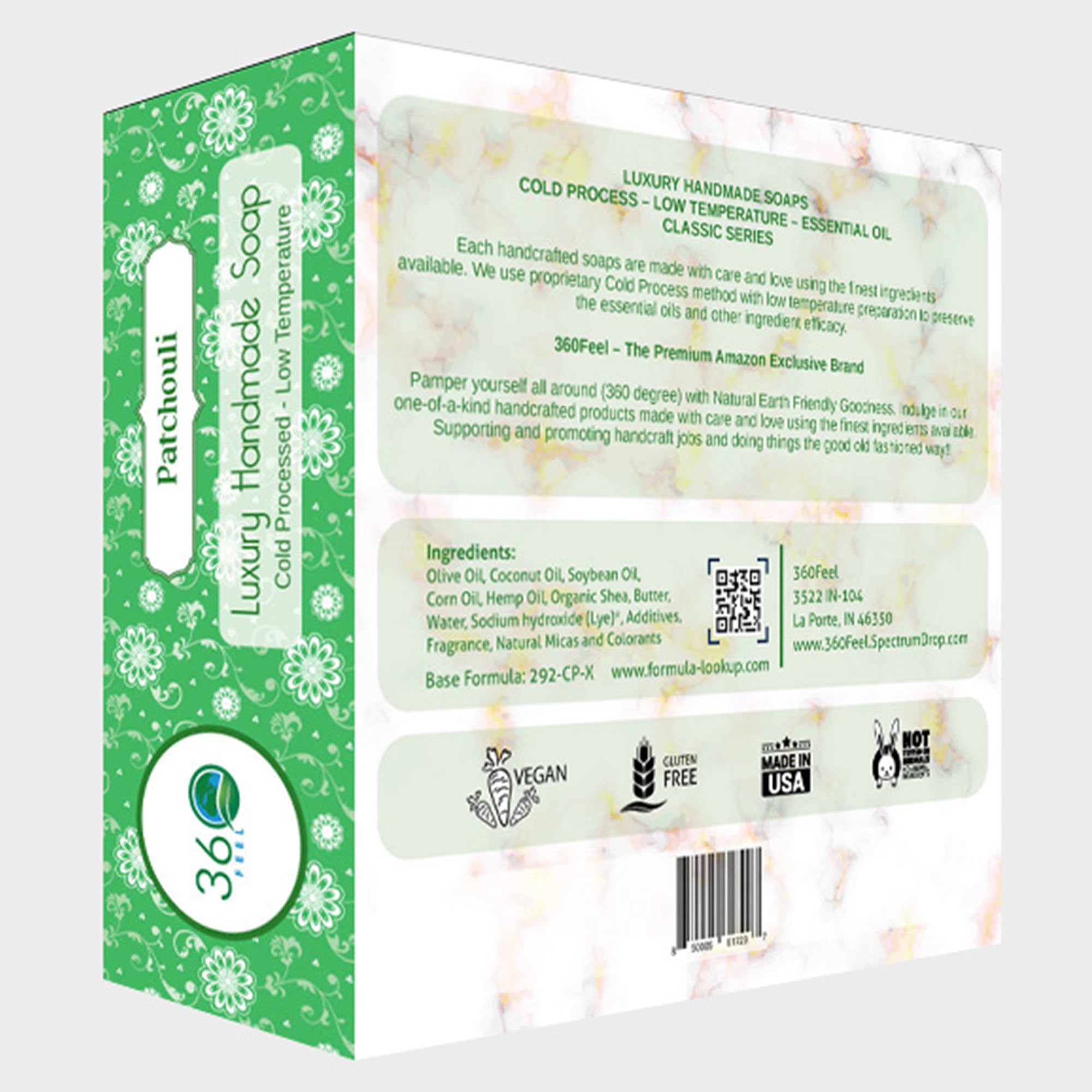 360Feel Patchouli Bar Soap – USA Made, All Natural, Cold Process, 4-Pack