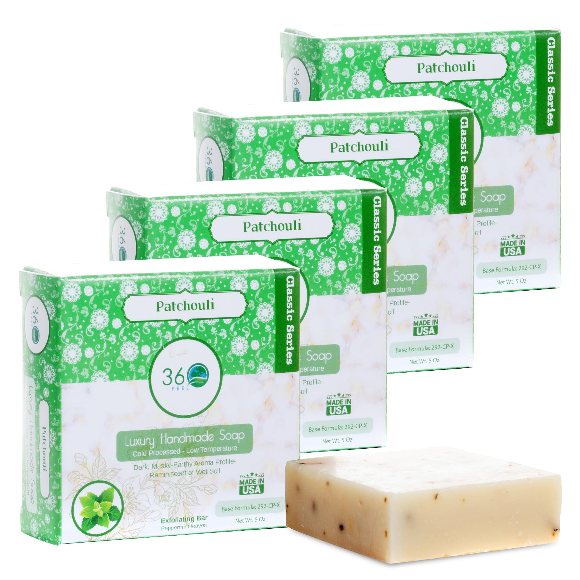 360Feel Patchouli Bar Soap – USA Made, All Natural, Cold Process, 4-Pack